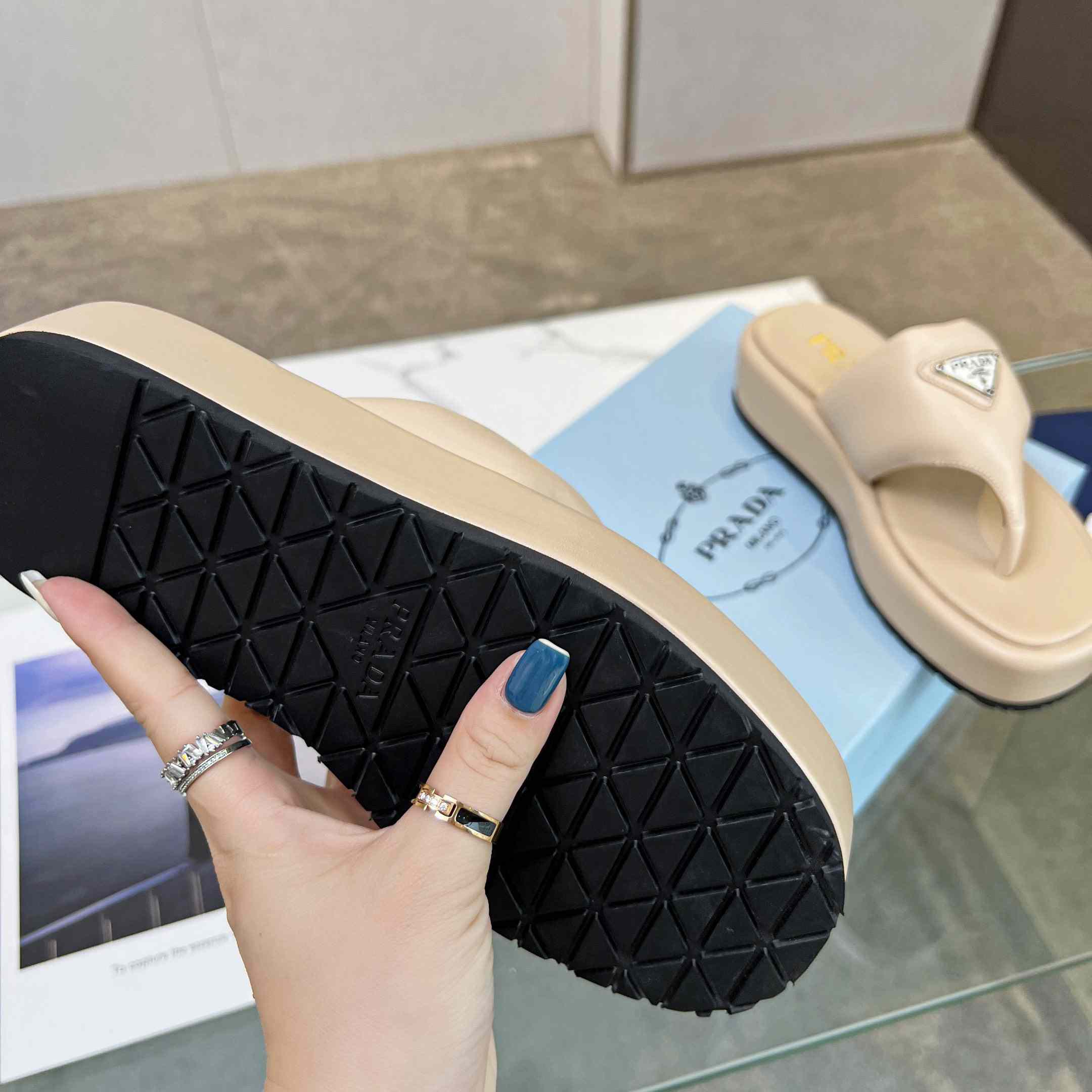 Prada Soft Padded Nappa Leather Thong Wedge Sandals - FashionPlug