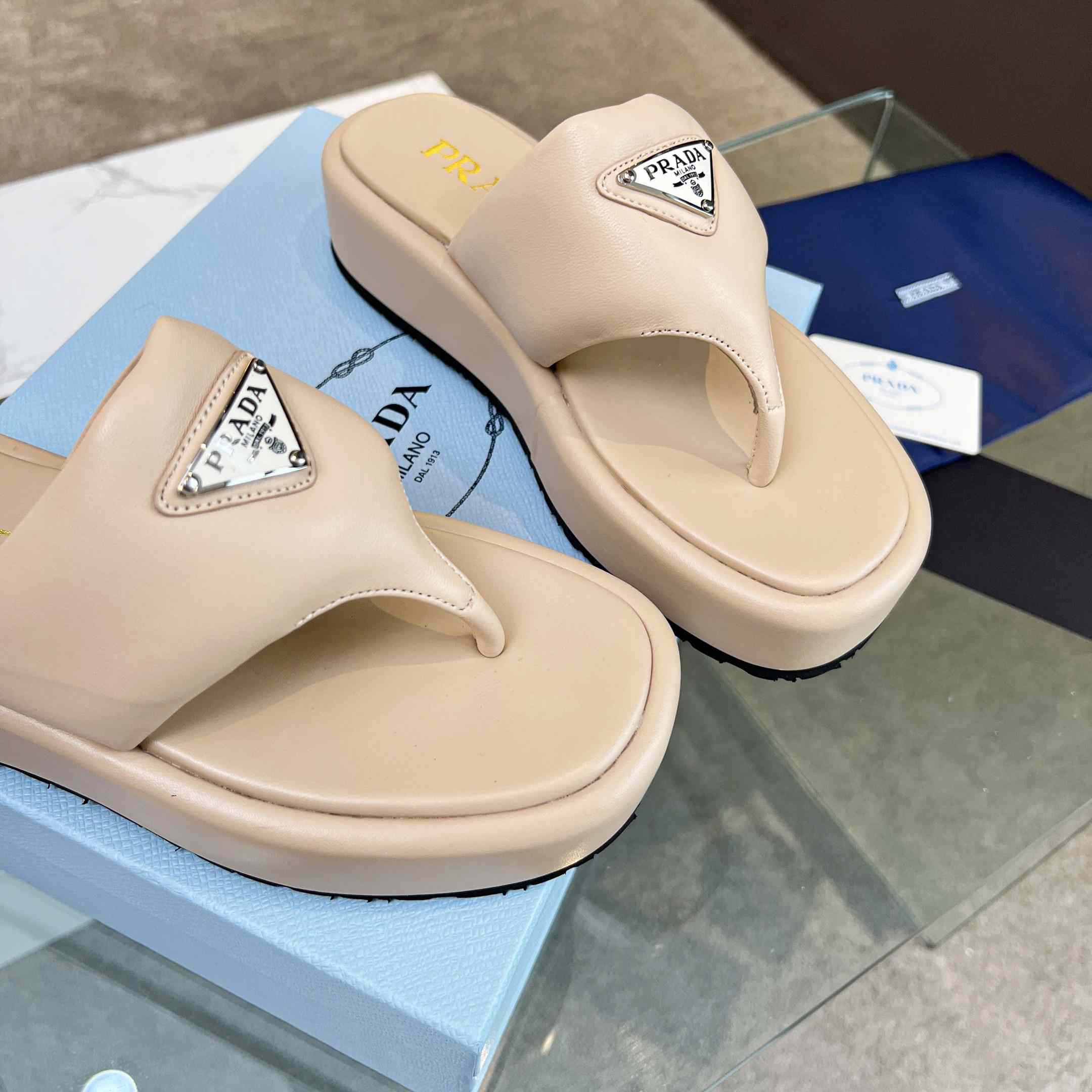 Prada Soft Padded Nappa Leather Thong Wedge Sandals - FashionPlug
