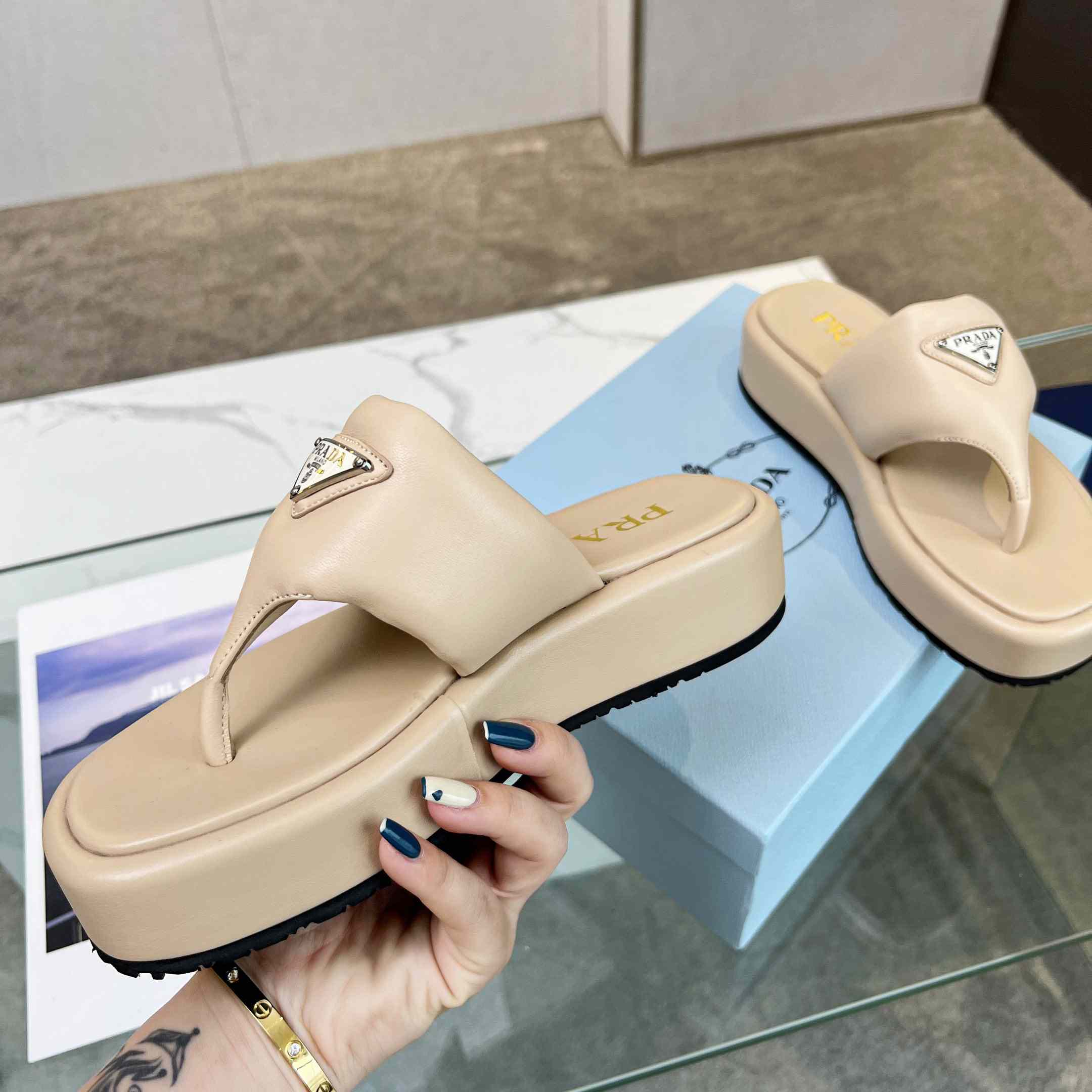 Prada Soft Padded Nappa Leather Thong Wedge Sandals - FashionPlug