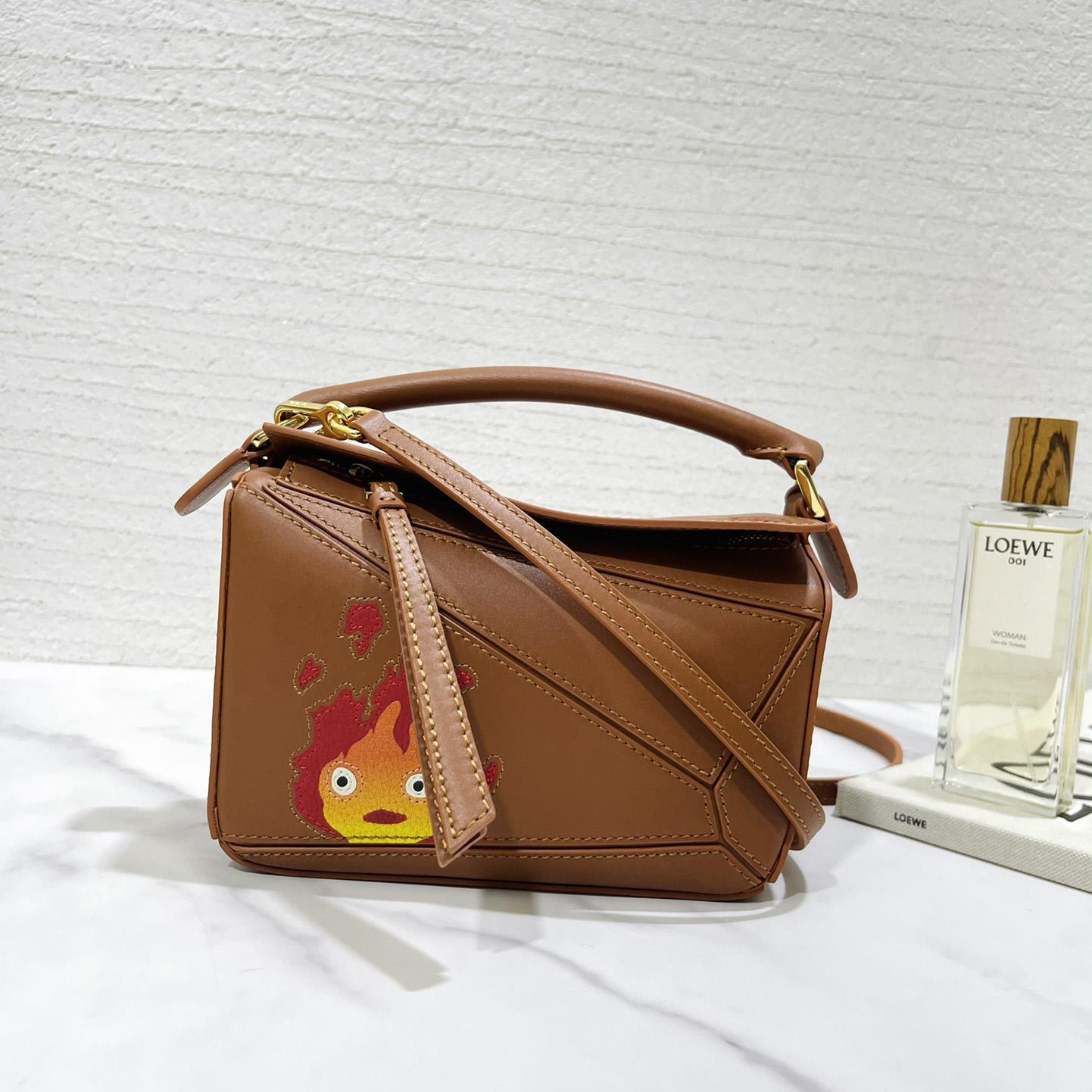 Loewe Calcifer Mini Puzzle Bag In Satin Calfskin And Crystal - FashionPlug