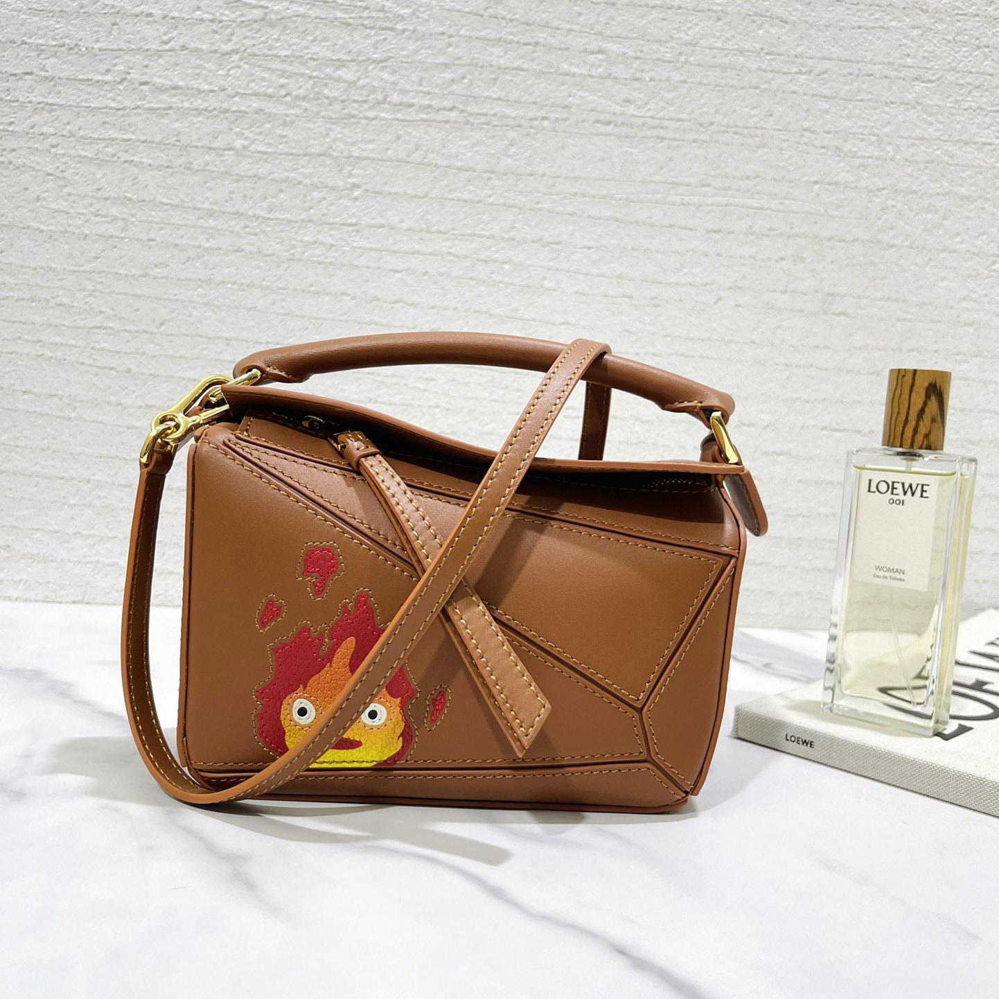 Loewe Calcifer Mini Puzzle Bag In Satin Calfskin And Crystal - FashionPlug