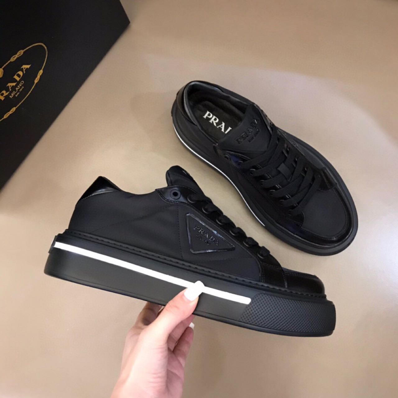 Prada Macro Re-Nylon And Brushed Leather Sneakers - FashionPlug