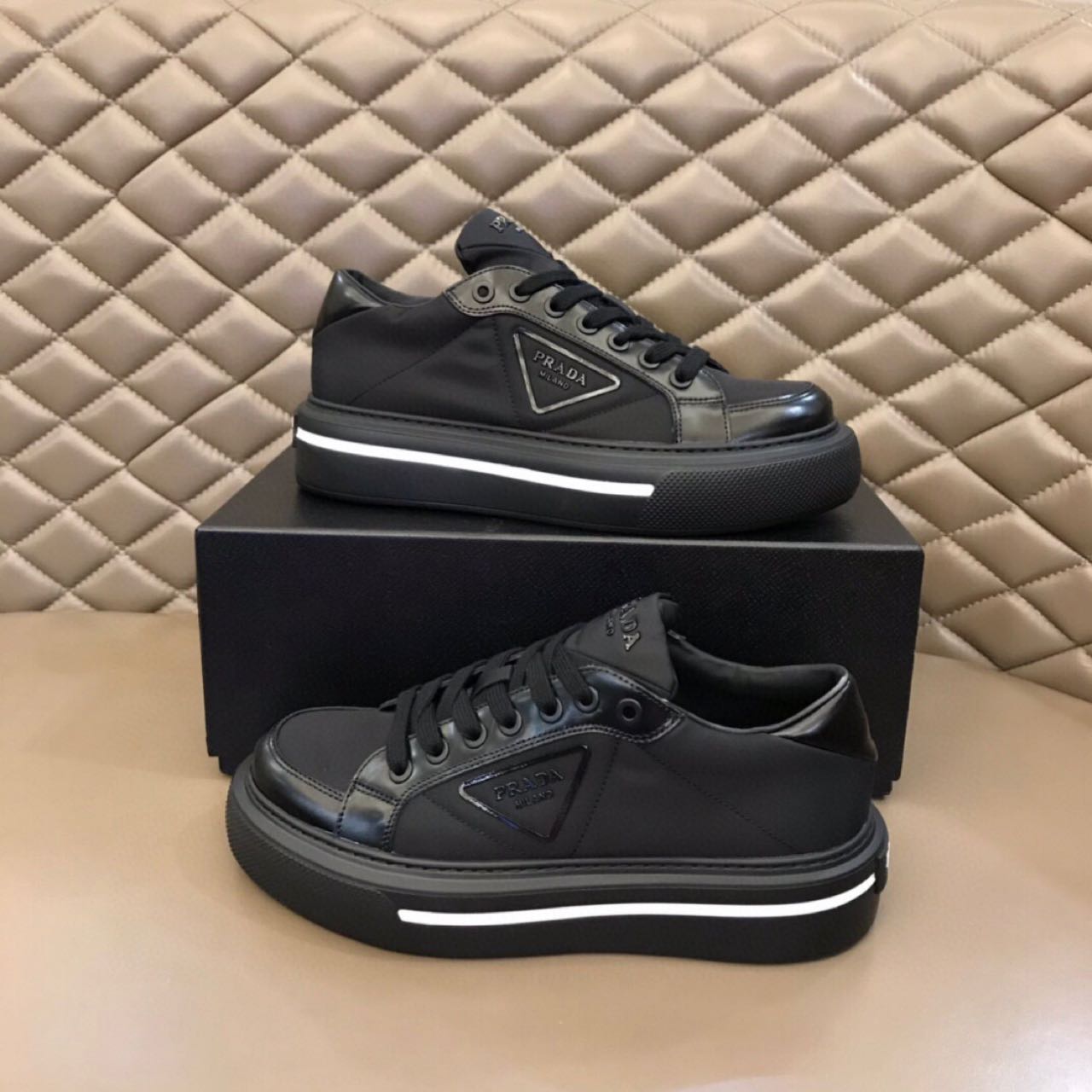 Prada Macro Re-Nylon And Brushed Leather Sneakers - FashionPlug