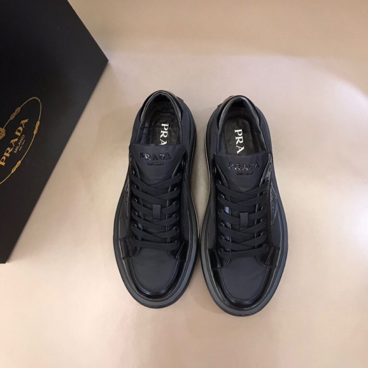 Prada Macro Re-Nylon And Brushed Leather Sneakers - FashionPlug