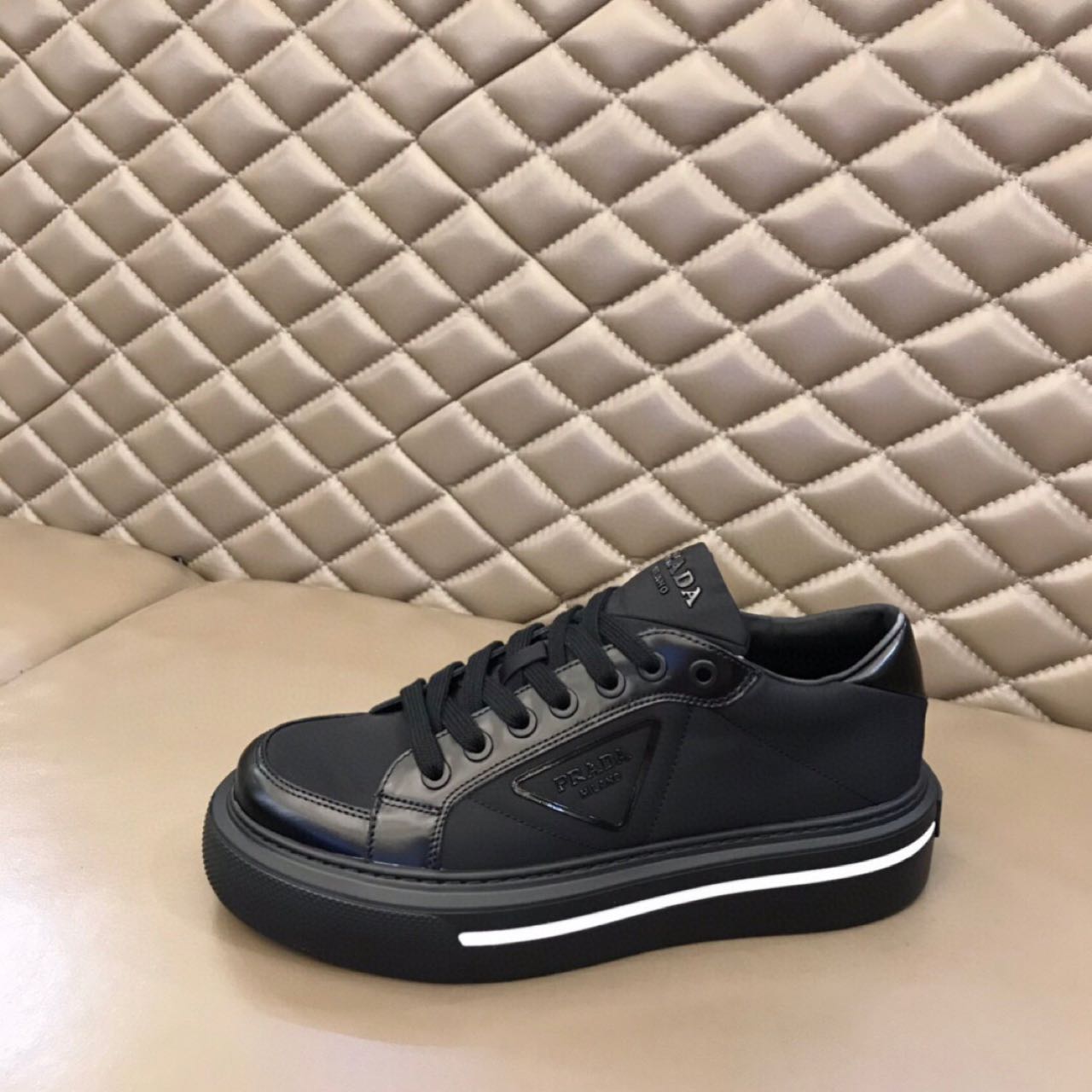 Prada Macro Re-Nylon And Brushed Leather Sneakers - FashionPlug