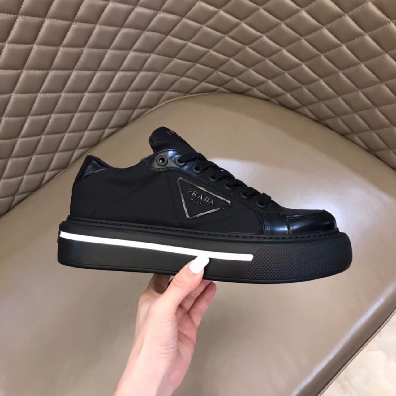 Prada Macro Re-Nylon And Brushed Leather Sneakers - FashionPlug