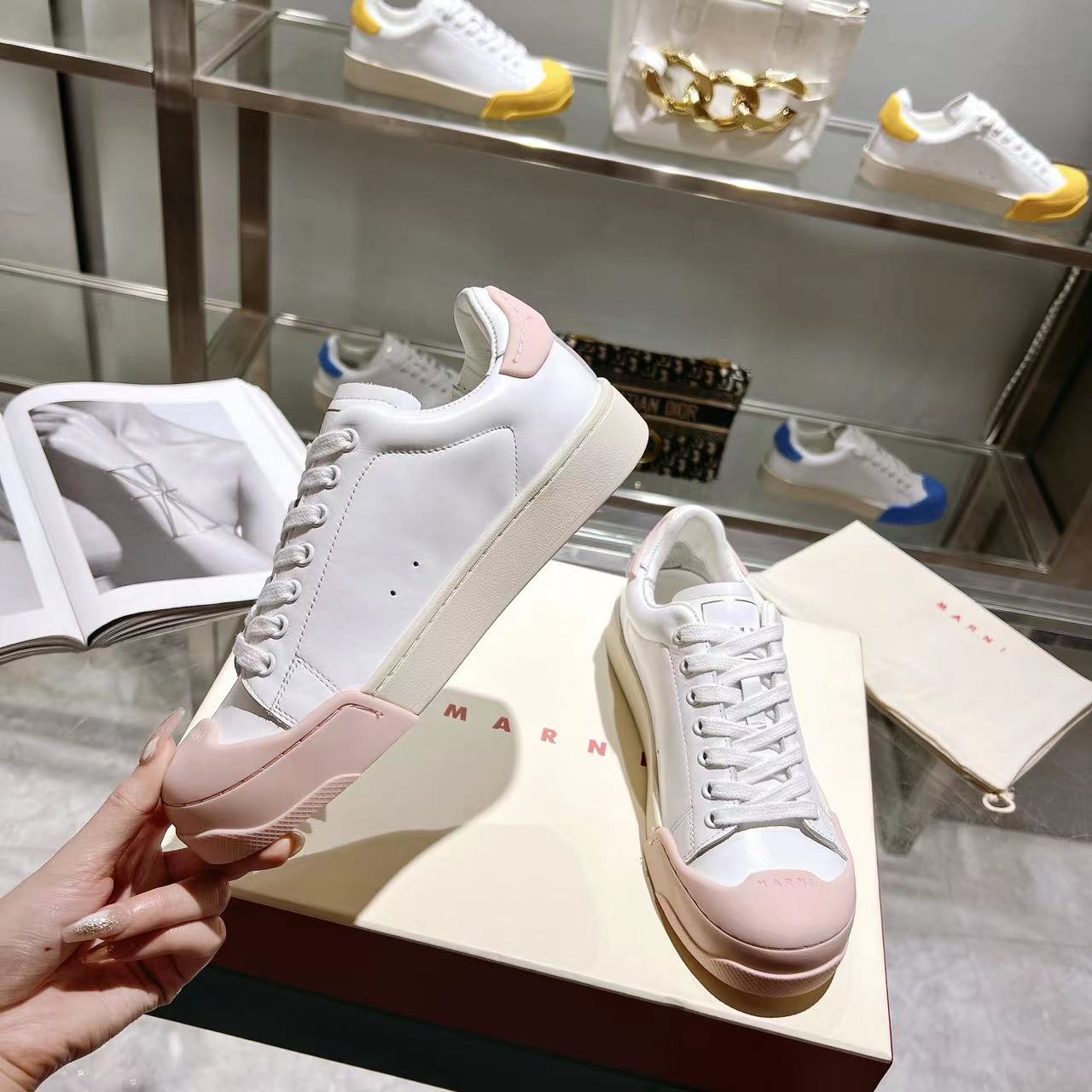 Marni Dada Bumper Sneaker In White And Pink Leather - FashionPlug