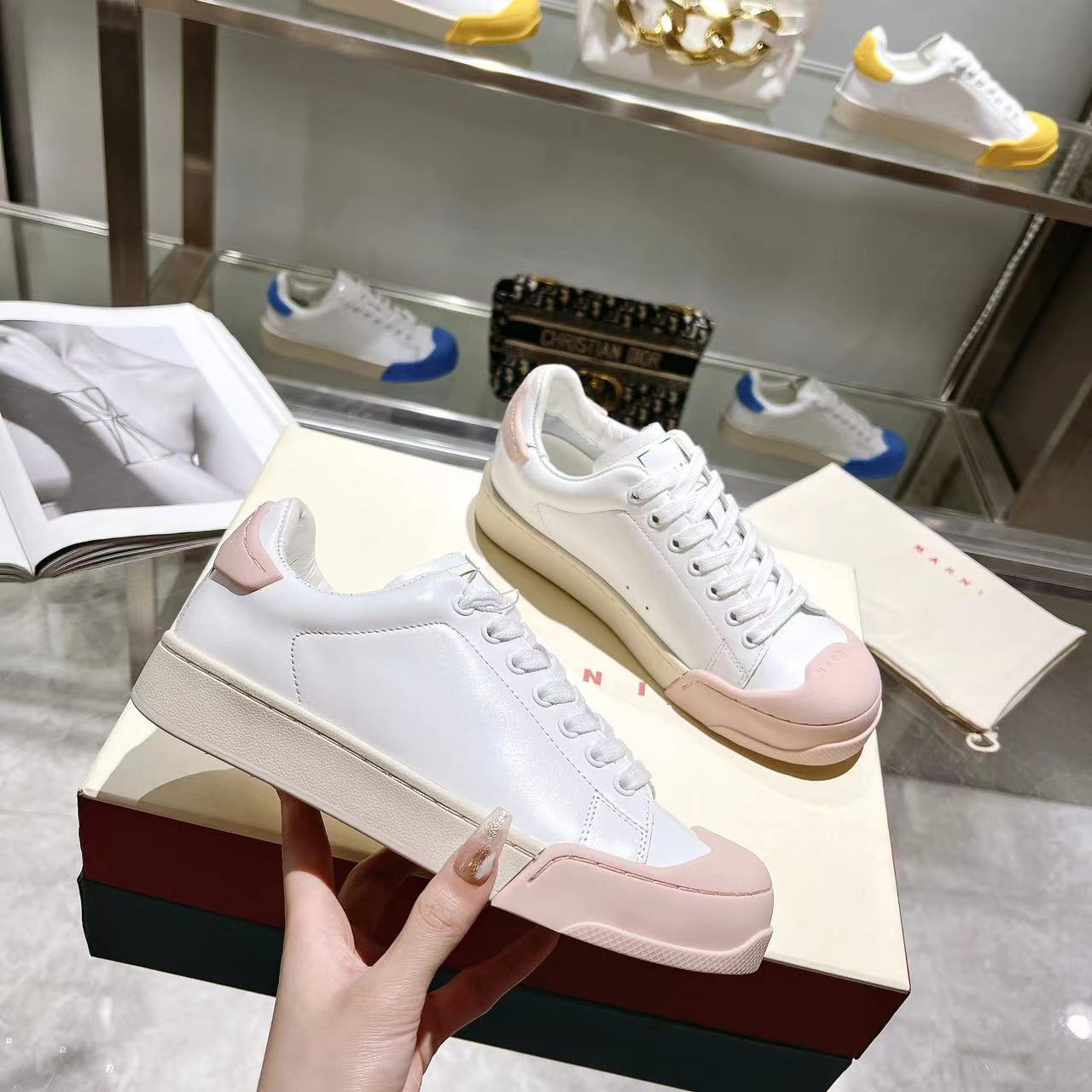 Marni Dada Bumper Sneaker In White And Pink Leather - FashionPlug