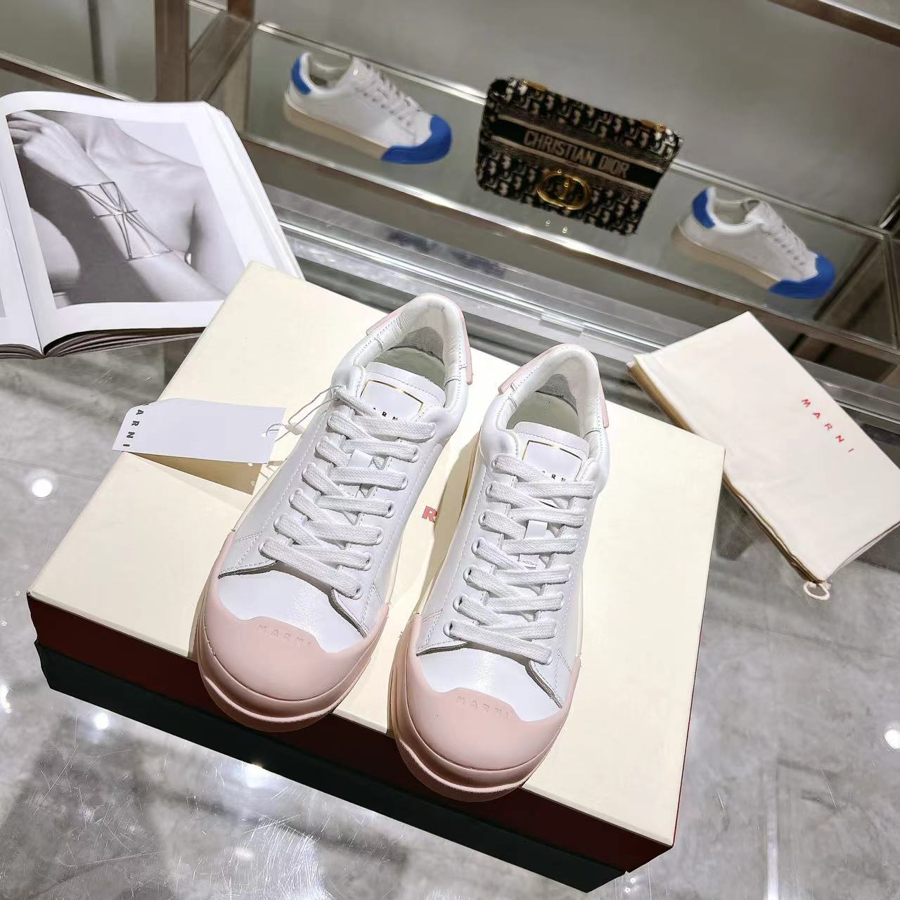 Marni Dada Bumper Sneaker In White And Pink Leather - FashionPlug