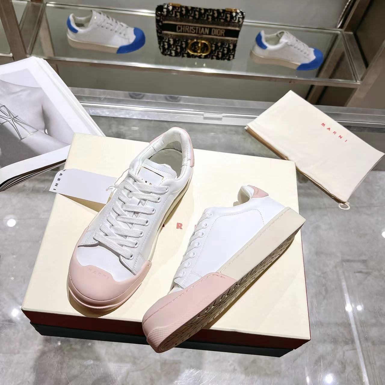 Marni Dada Bumper Sneaker In White And Pink Leather - FashionPlug