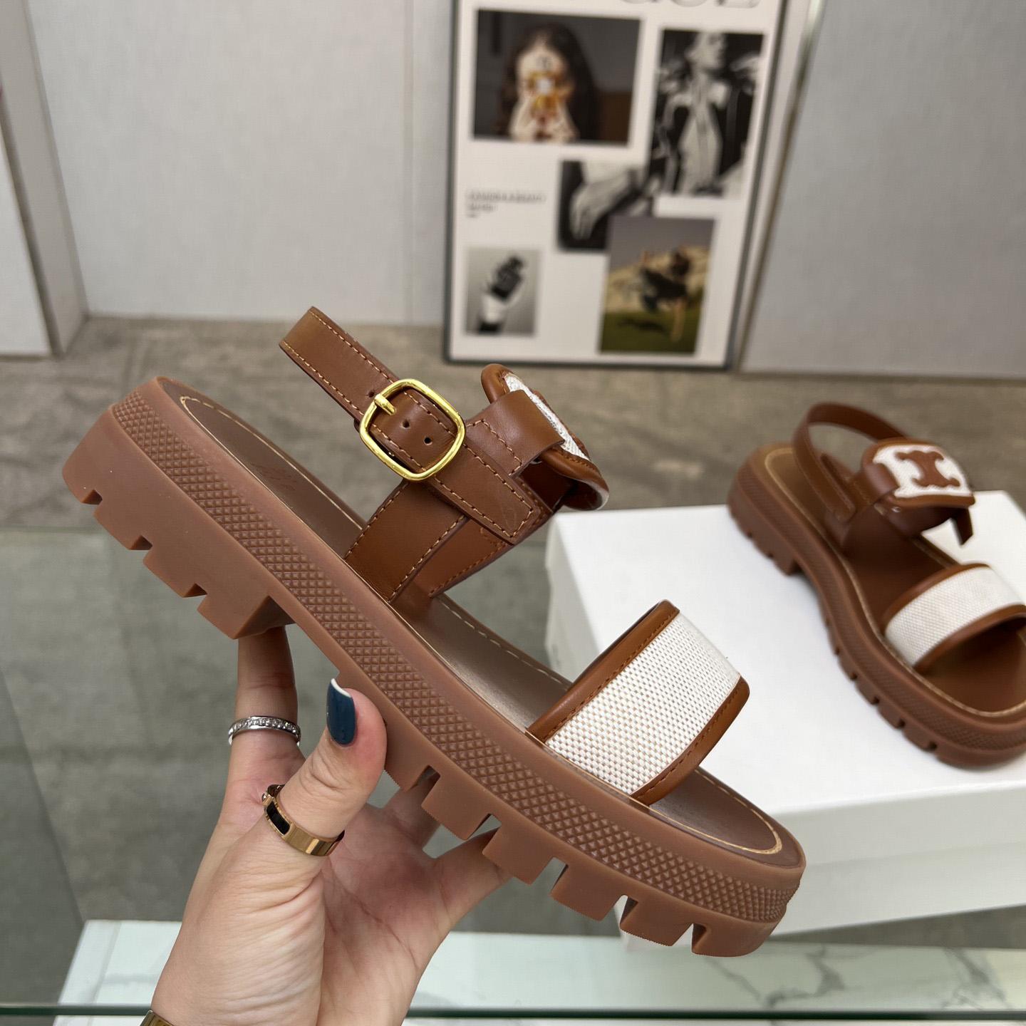Celine Clea Triomphe Sandal In Calfskin - Vegetal Tanning & Canvas - FashionPlug