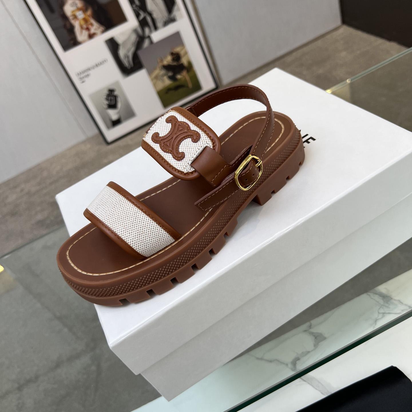 Celine Clea Triomphe Sandal In Calfskin - Vegetal Tanning & Canvas - FashionPlug