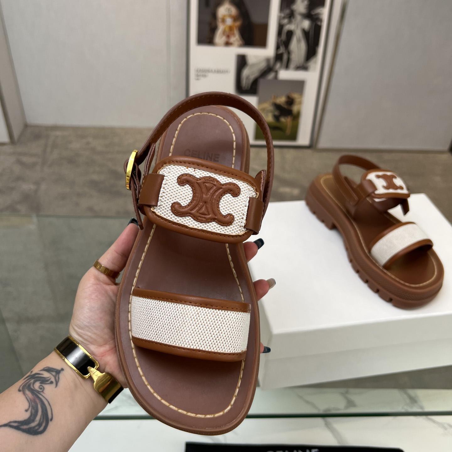 Celine Clea Triomphe Sandal In Calfskin - Vegetal Tanning & Canvas - FashionPlug