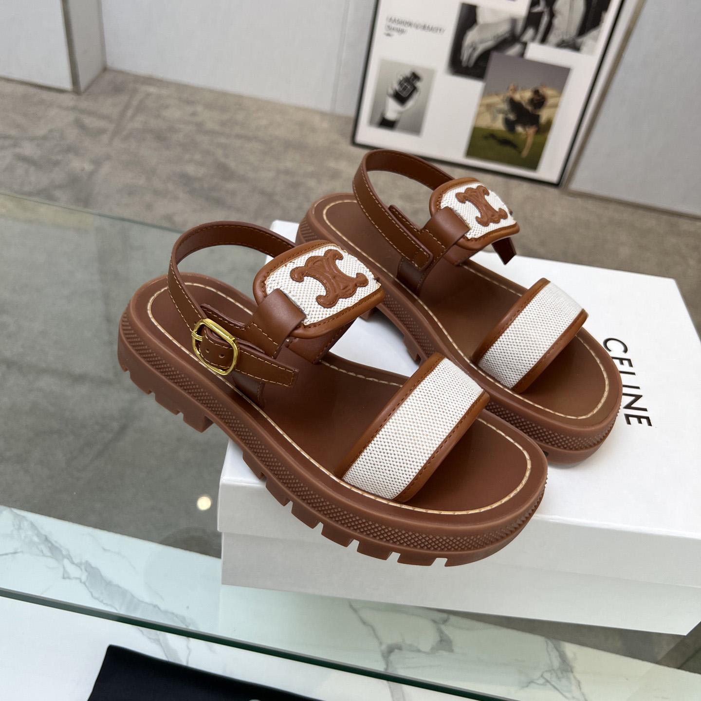 Celine Clea Triomphe Sandal In Calfskin - Vegetal Tanning & Canvas - FashionPlug