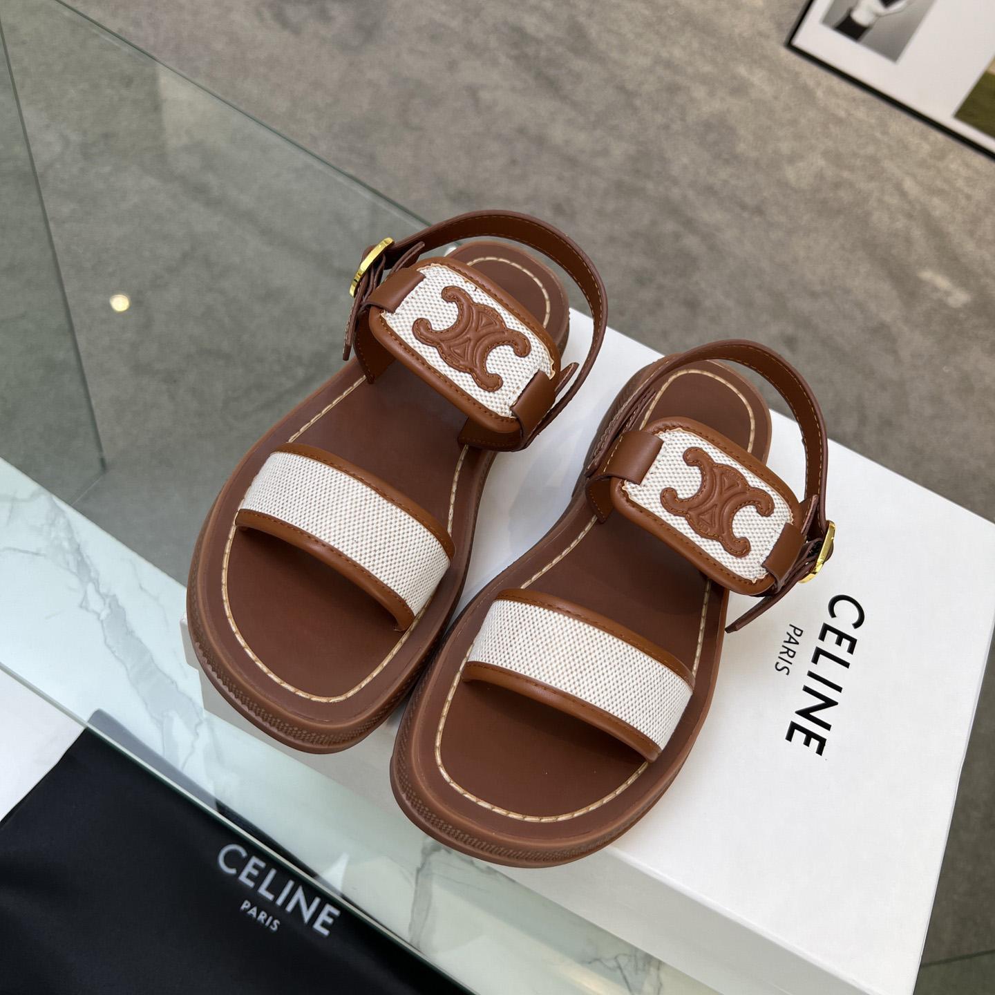 Celine Clea Triomphe Sandal In Calfskin - Vegetal Tanning & Canvas - FashionPlug