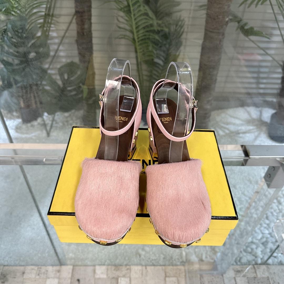 Fendi Baguette Show Pink pony Hair High-heeled Clogs - FashionPlug