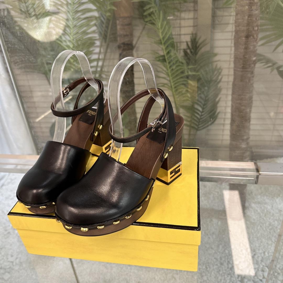 Fendi Baguette Show Black Leather High-heeled Clogs - FashionPlug