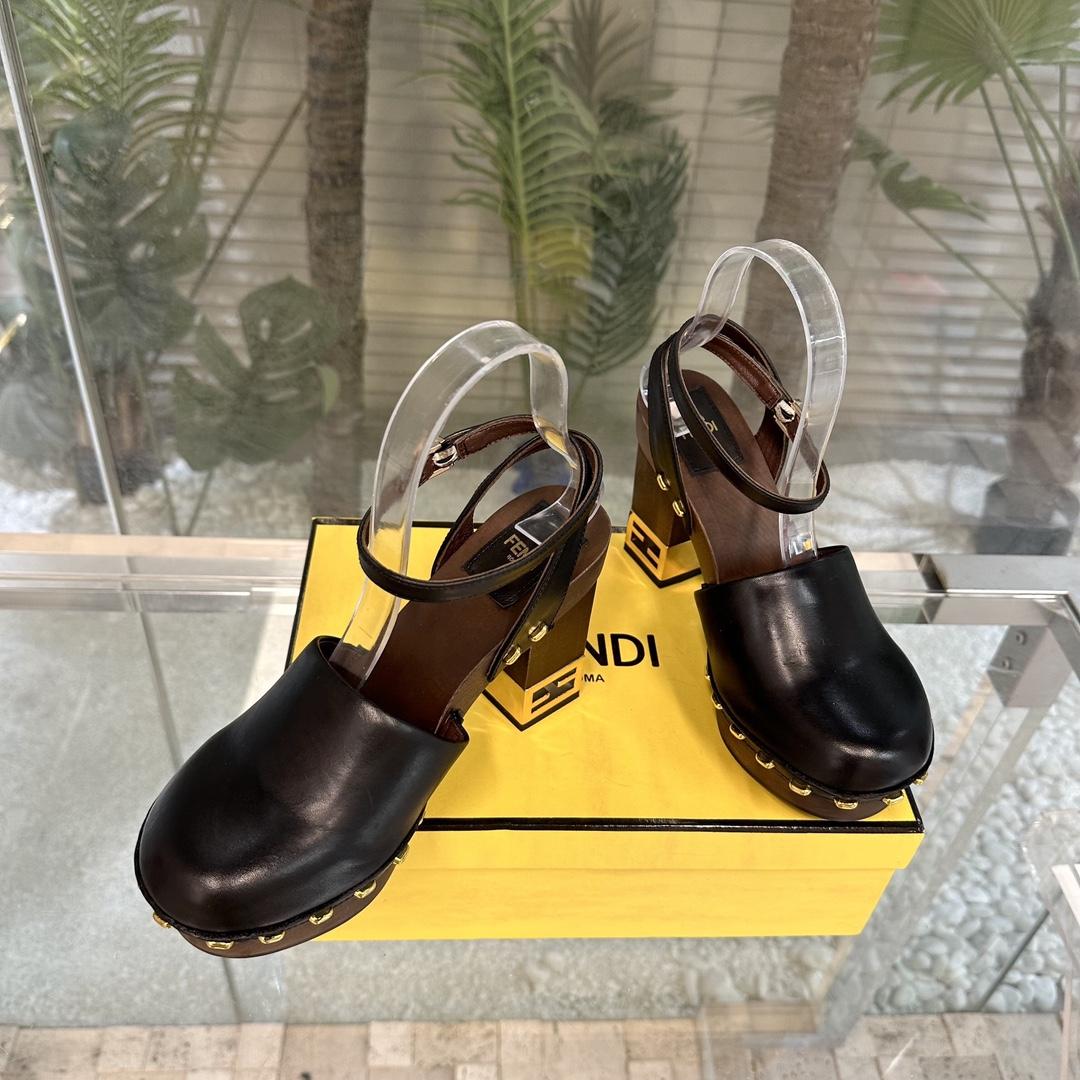 Fendi Baguette Show Black Leather High-heeled Clogs - FashionPlug