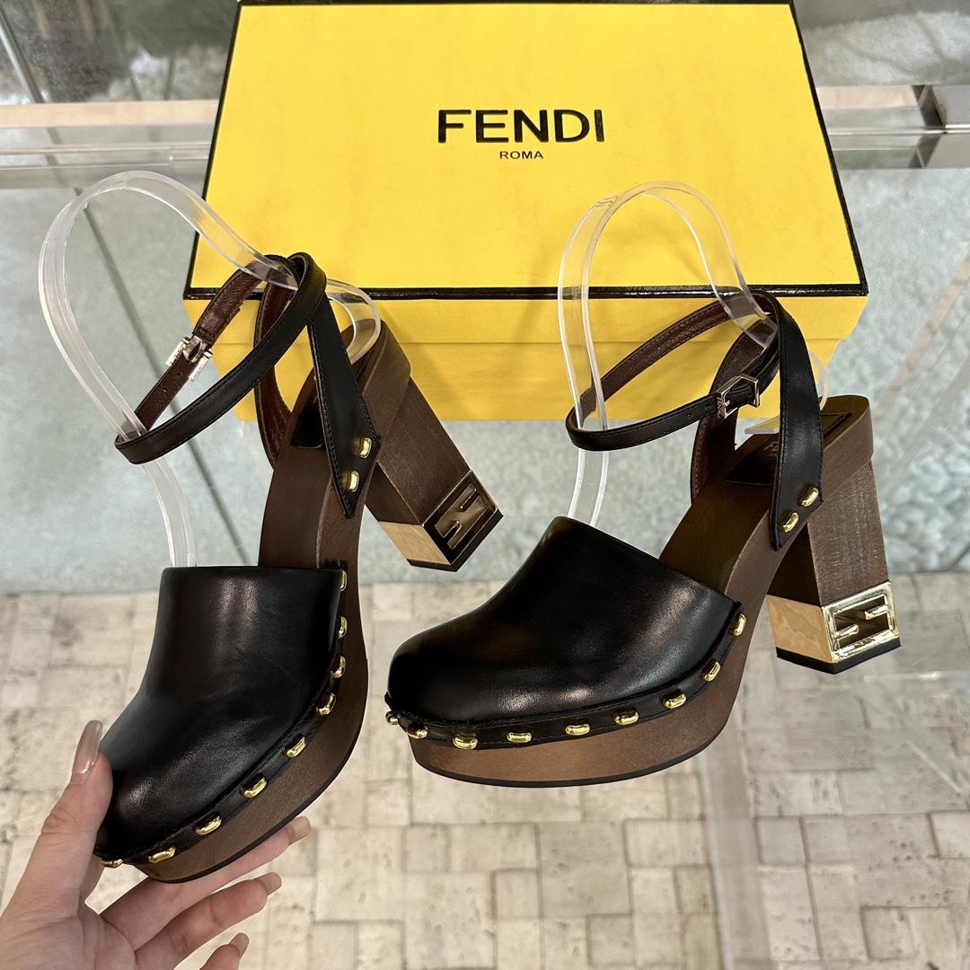 Fendi Baguette Show Black Leather High-heeled Clogs - FashionPlug