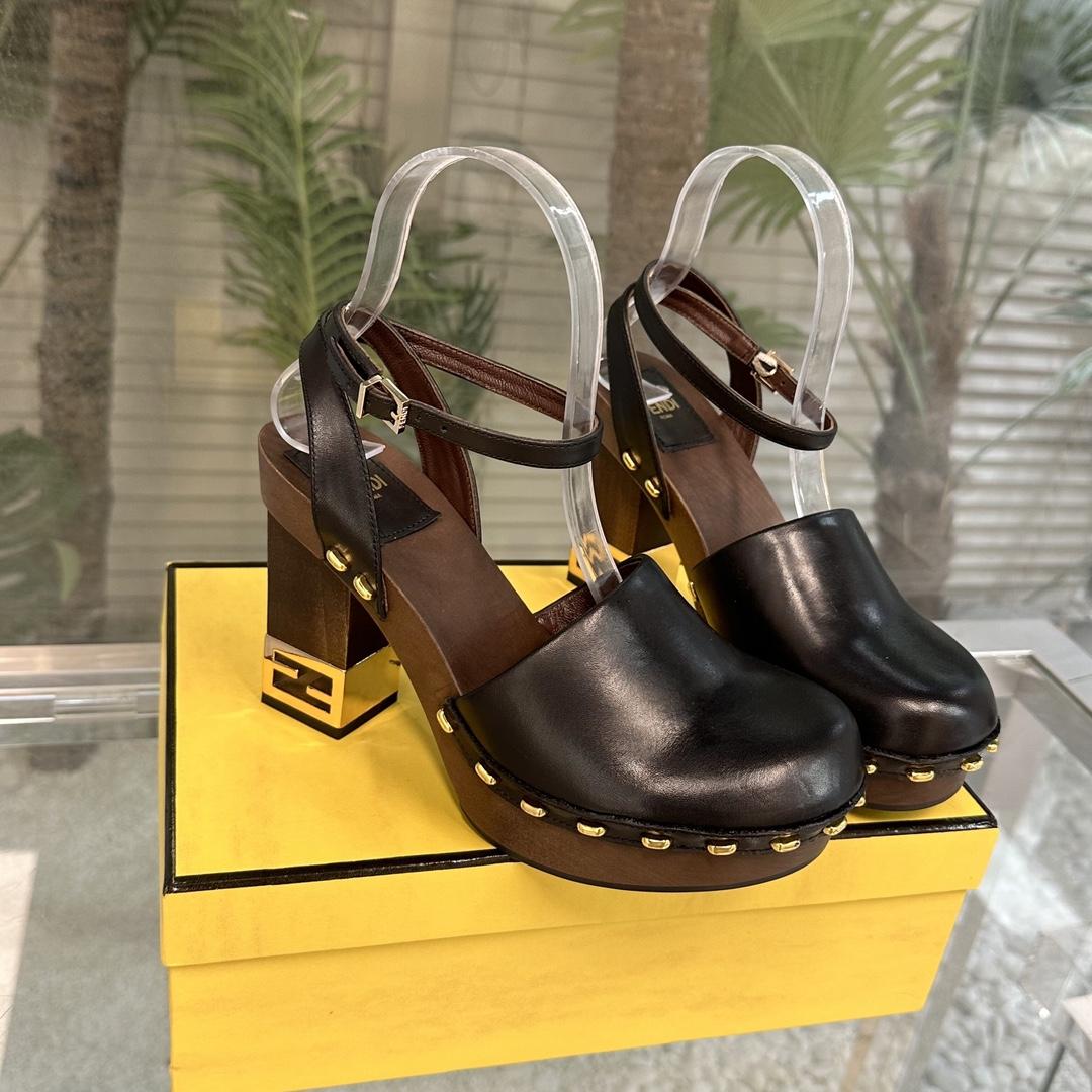 Fendi Baguette Show Black Leather High-heeled Clogs - FashionPlug