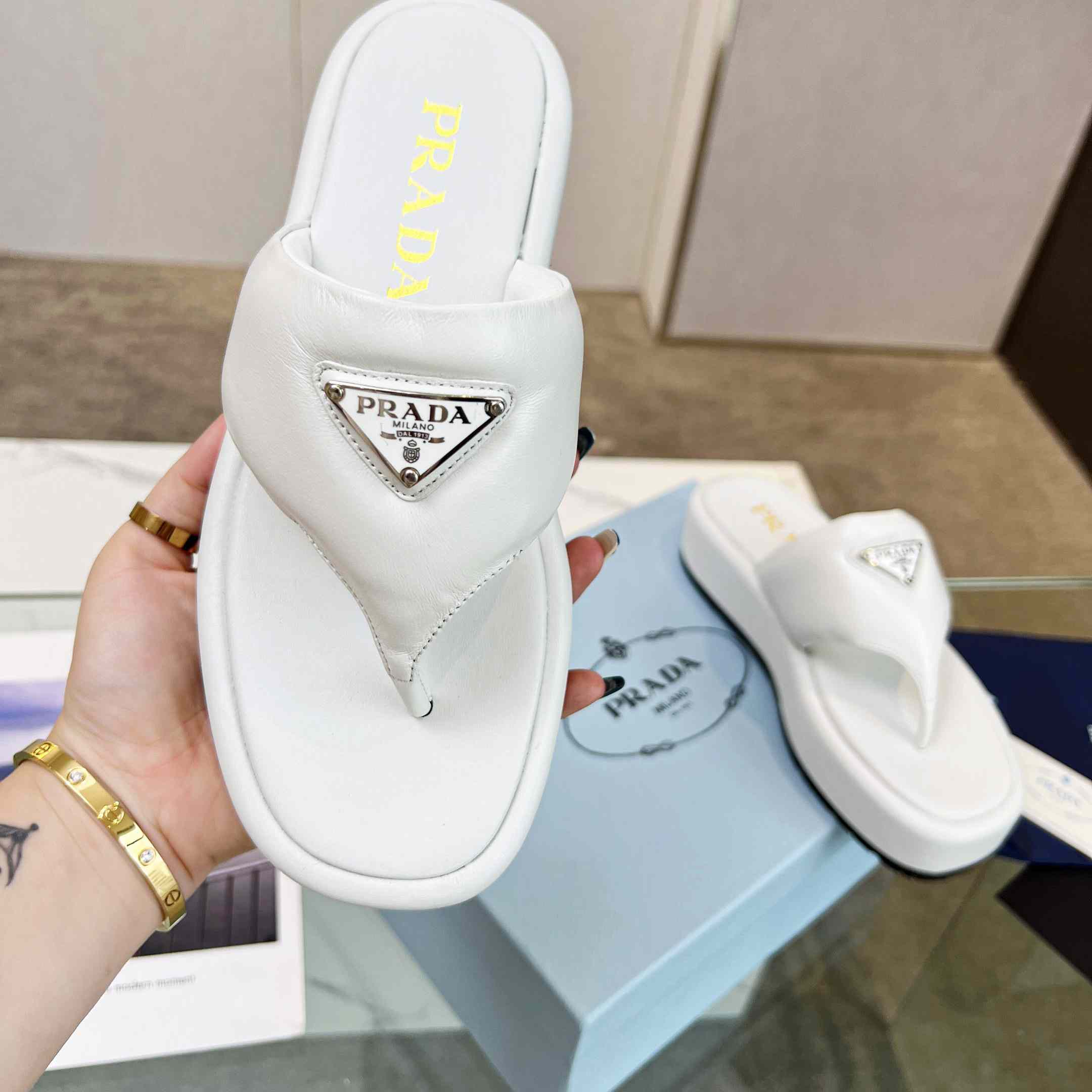 Prada Soft Padded Nappa Leather Thong Wedge Sandals - FashionPlug