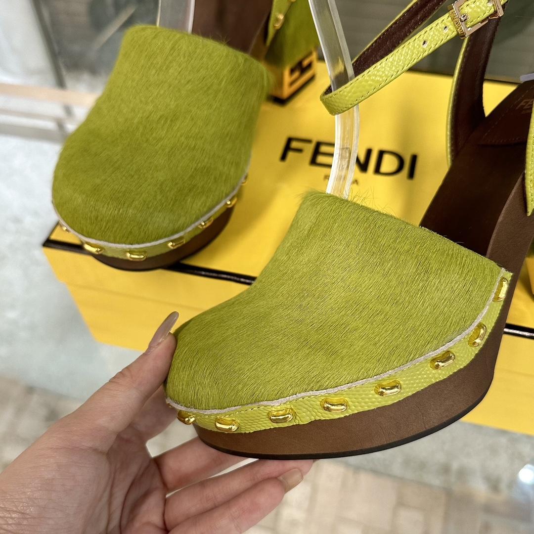 Fendi Baguette Show Green Pony Hair High-heeled Clogs - FashionPlug