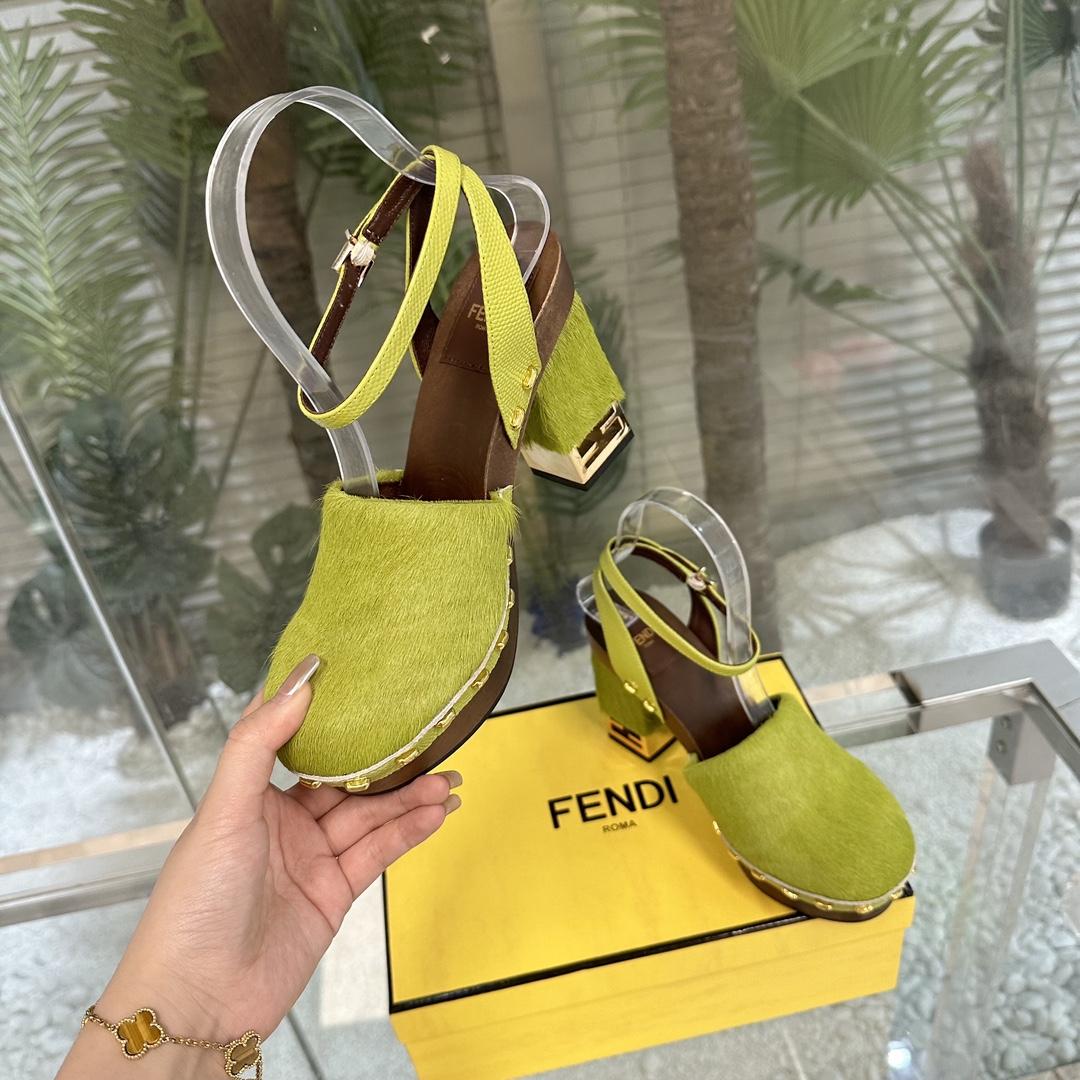 Fendi Baguette Show Green Pony Hair High-heeled Clogs - FashionPlug