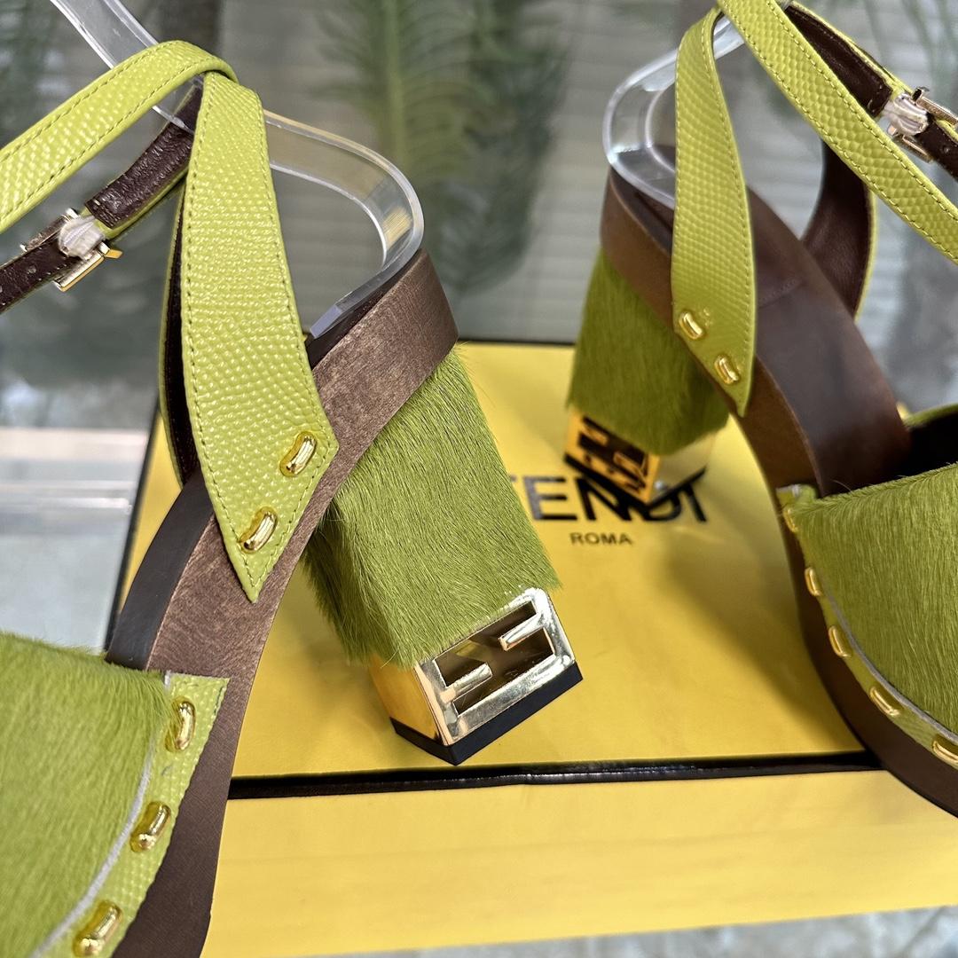 Fendi Baguette Show Green Pony Hair High-heeled Clogs - FashionPlug