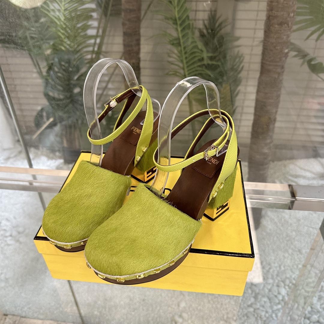 Fendi Baguette Show Green Pony Hair High-heeled Clogs - FashionPlug