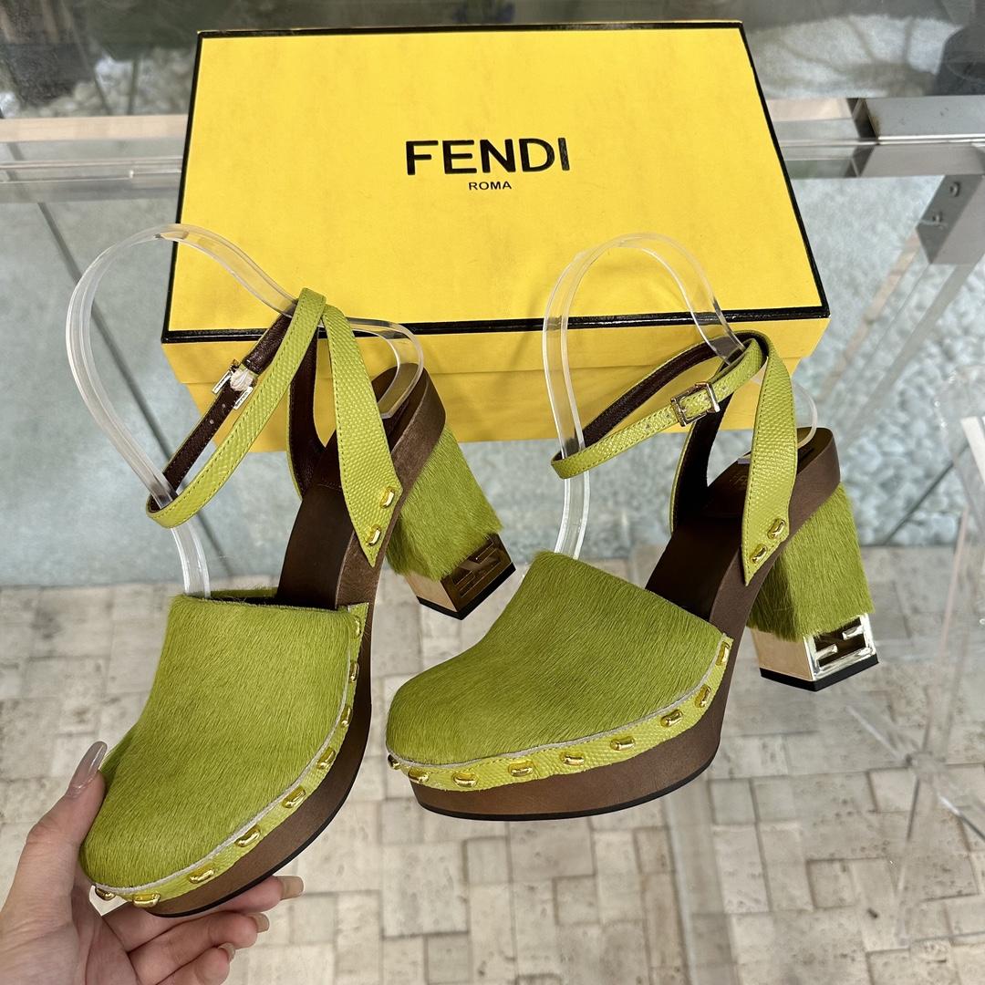 Fendi Baguette Show Green Pony Hair High-heeled Clogs - FashionPlug