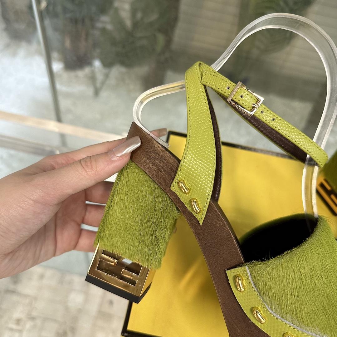 Fendi Baguette Show Green Pony Hair High-heeled Clogs - FashionPlug