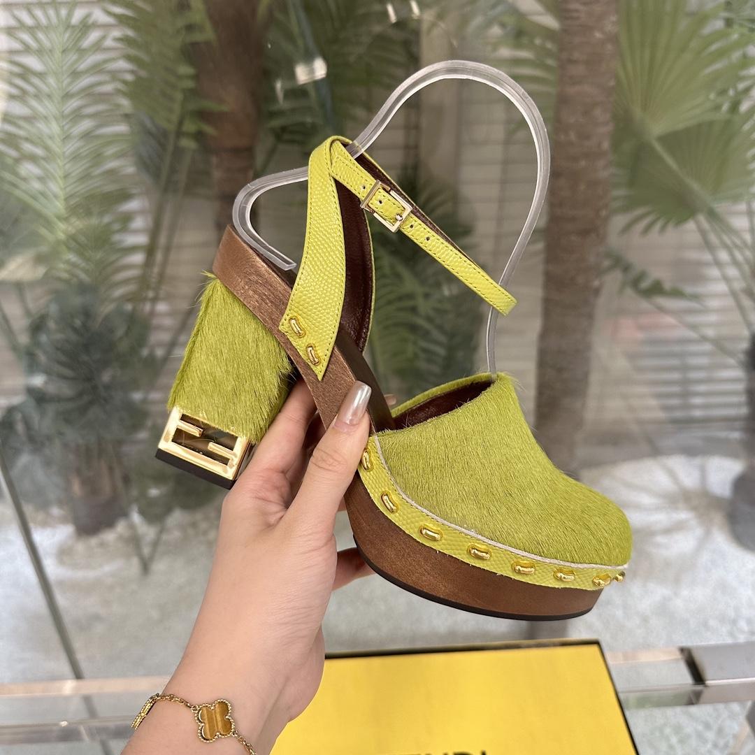 Fendi Baguette Show Green Pony Hair High-heeled Clogs - FashionPlug
