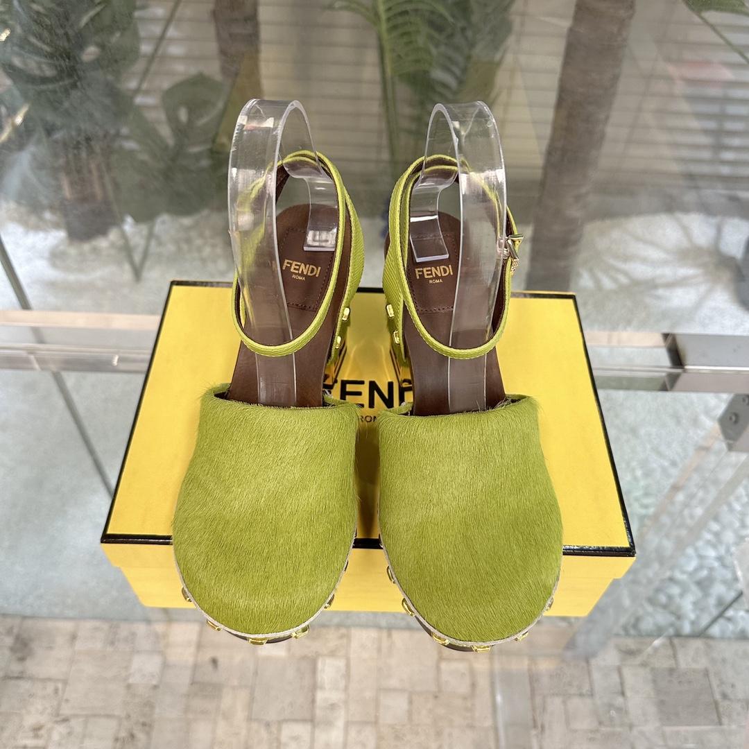 Fendi Baguette Show Green Pony Hair High-heeled Clogs - FashionPlug