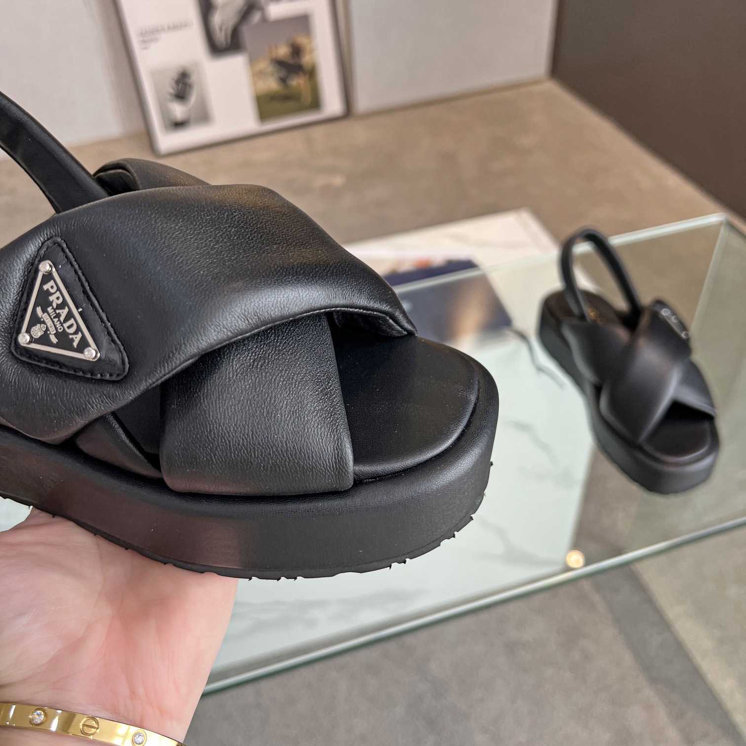 Prada Soft Padded Nappa Leather Wedge Sandals - FashionPlug
