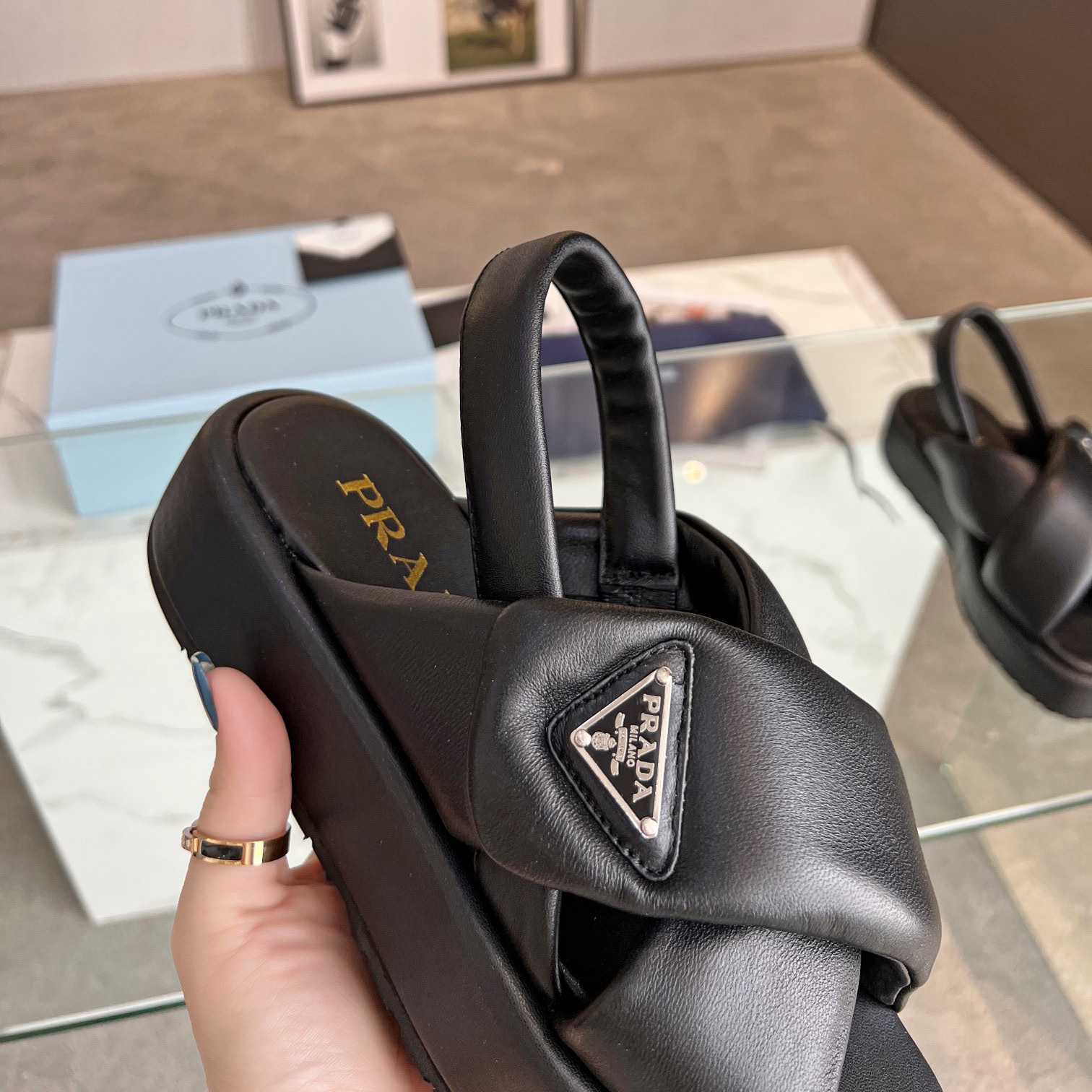 Prada Soft Padded Nappa Leather Wedge Sandals - FashionPlug