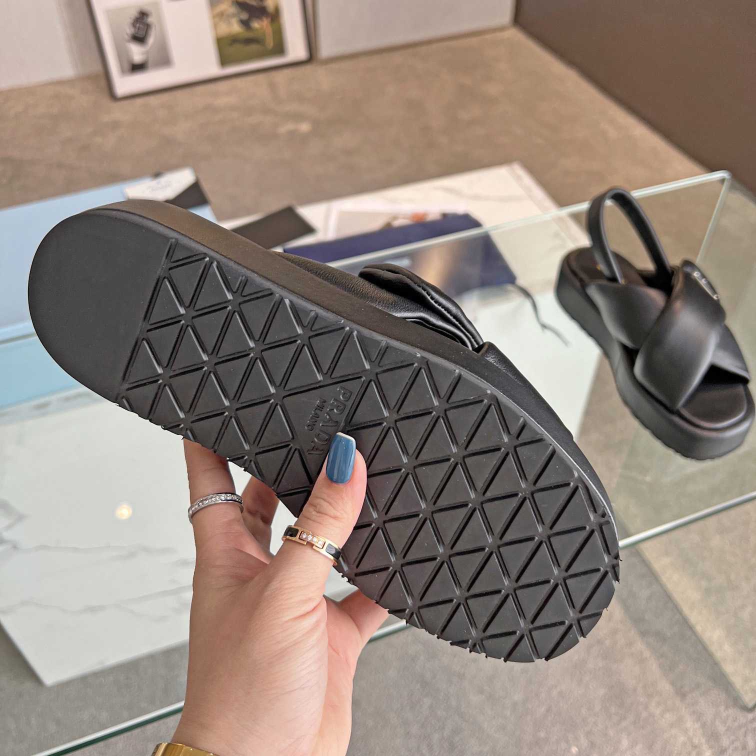 Prada Soft Padded Nappa Leather Wedge Sandals - FashionPlug