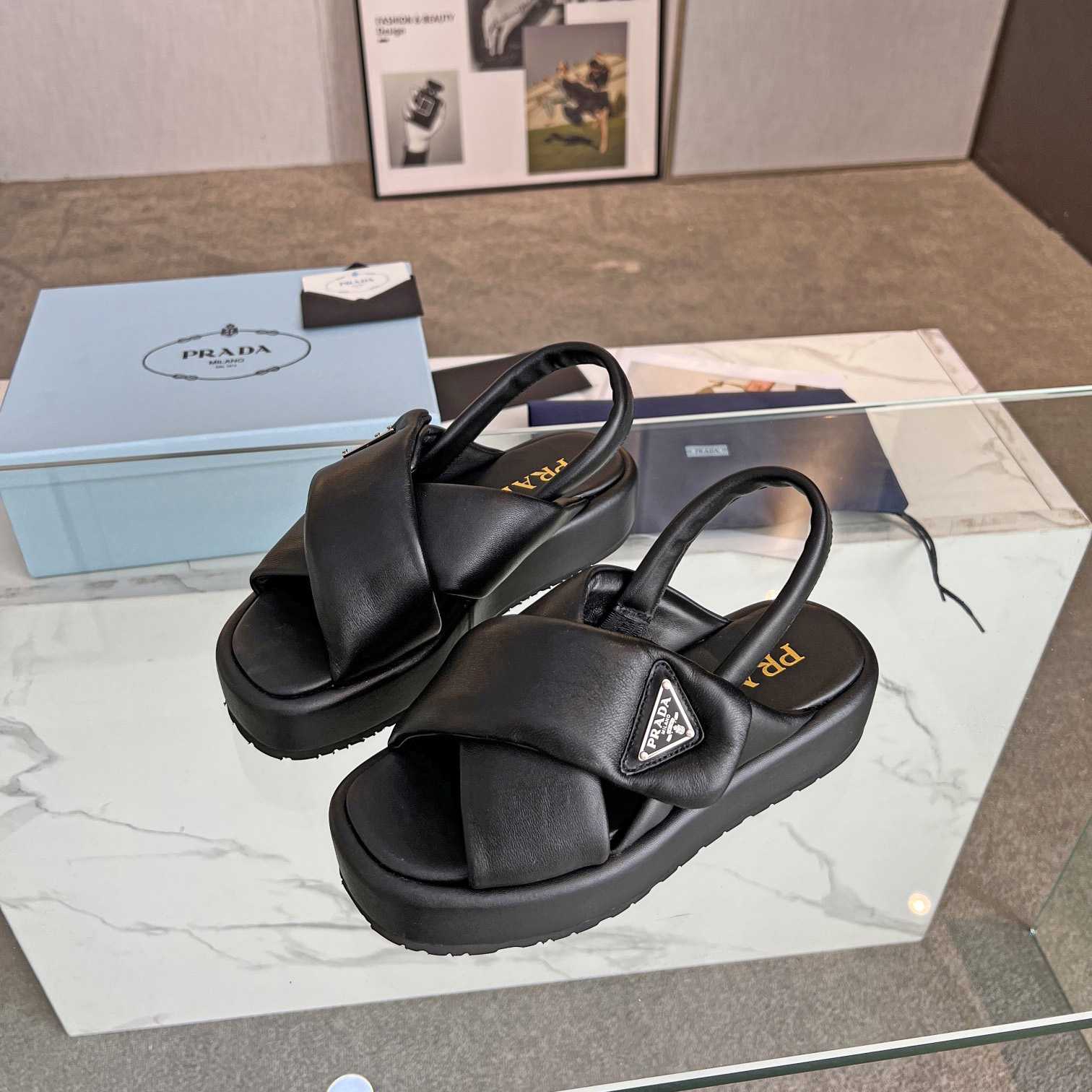 Prada Soft Padded Nappa Leather Wedge Sandals - FashionPlug