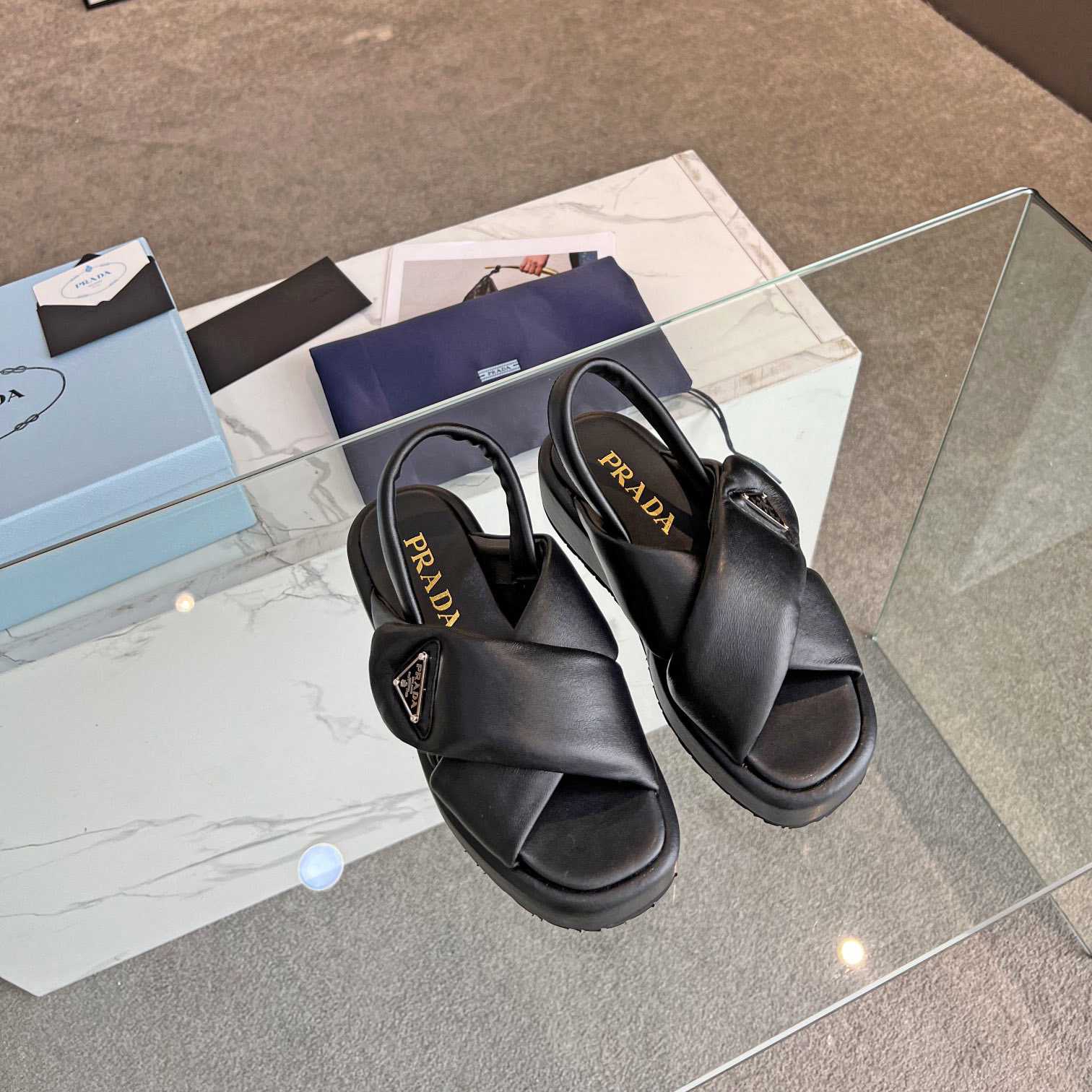 Prada Soft Padded Nappa Leather Wedge Sandals - FashionPlug