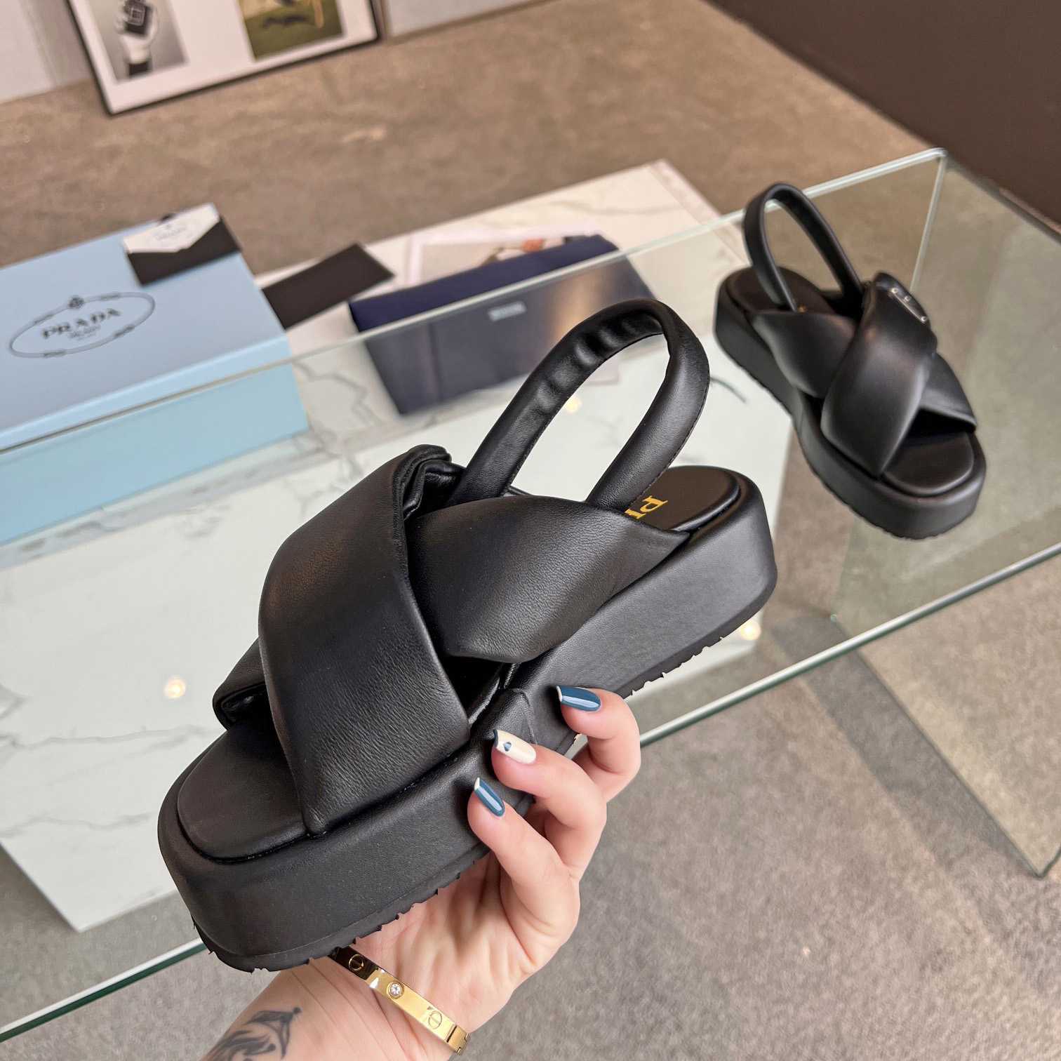 Prada Soft Padded Nappa Leather Wedge Sandals - FashionPlug