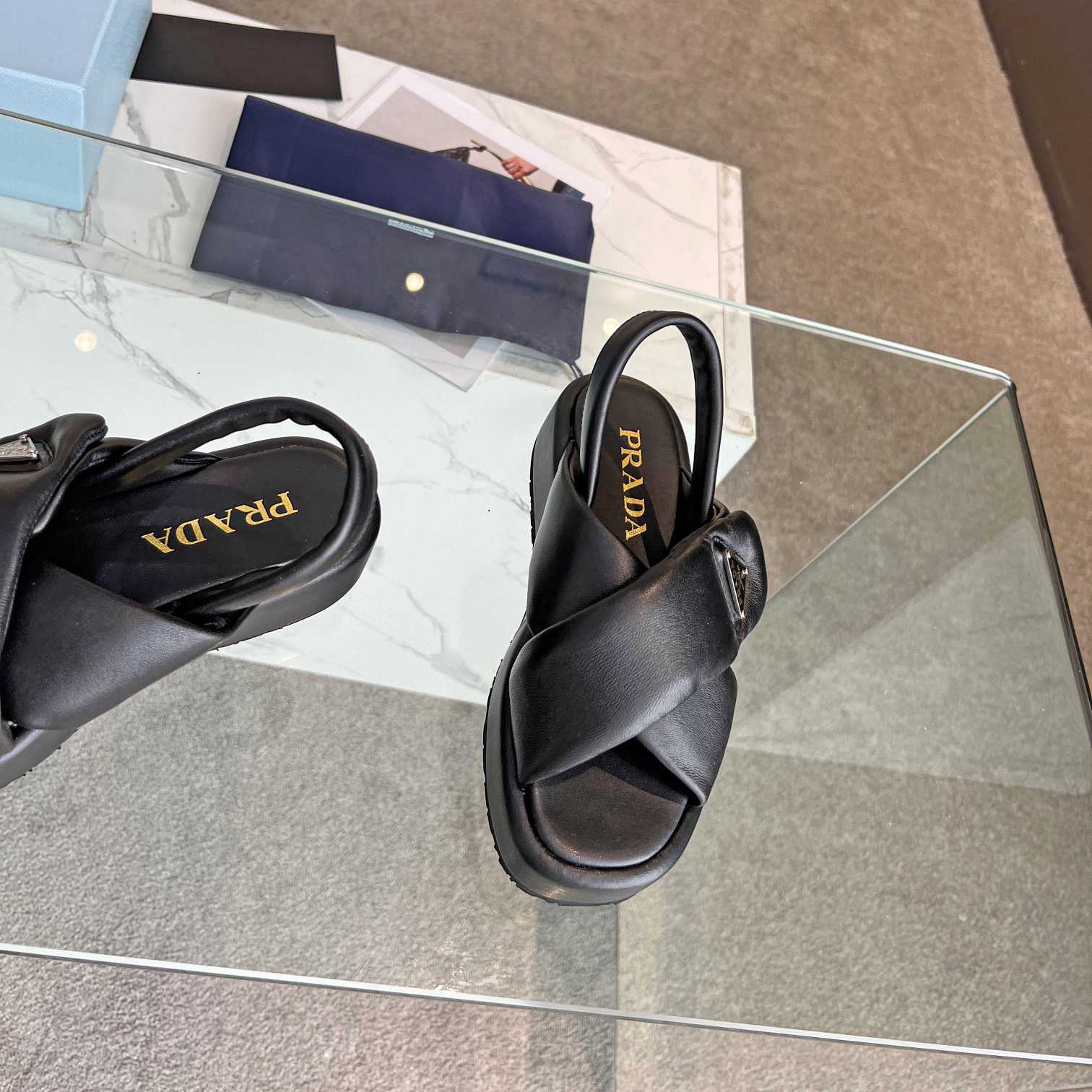Prada Soft Padded Nappa Leather Wedge Sandals - FashionPlug