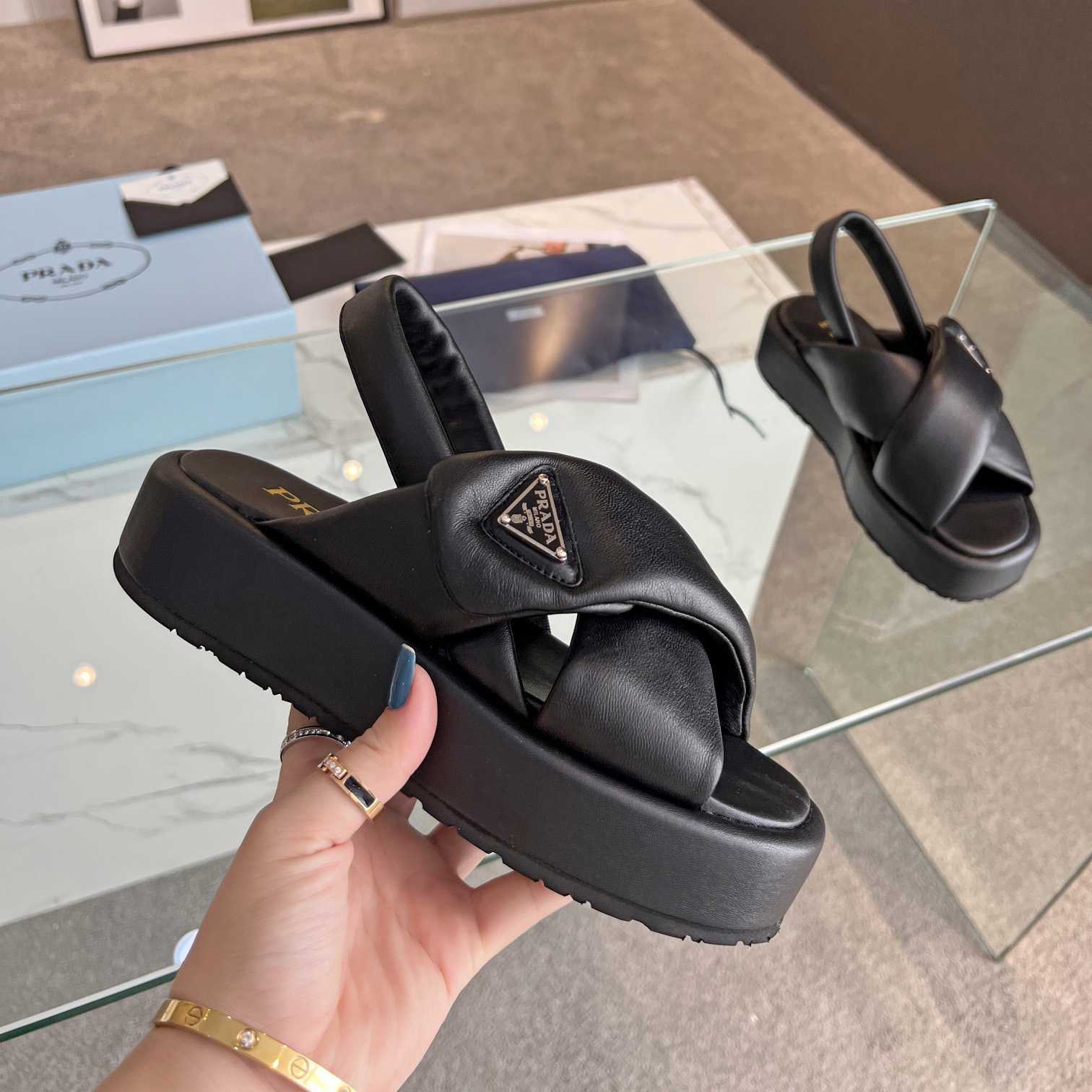 Prada Soft Padded Nappa Leather Wedge Sandals - FashionPlug
