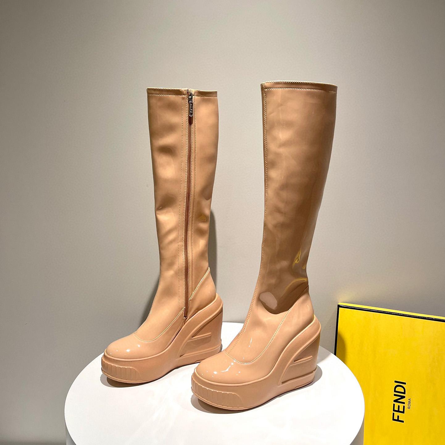 Fendi Fashion Show Beige Patent Leather Boots - FashionPlug