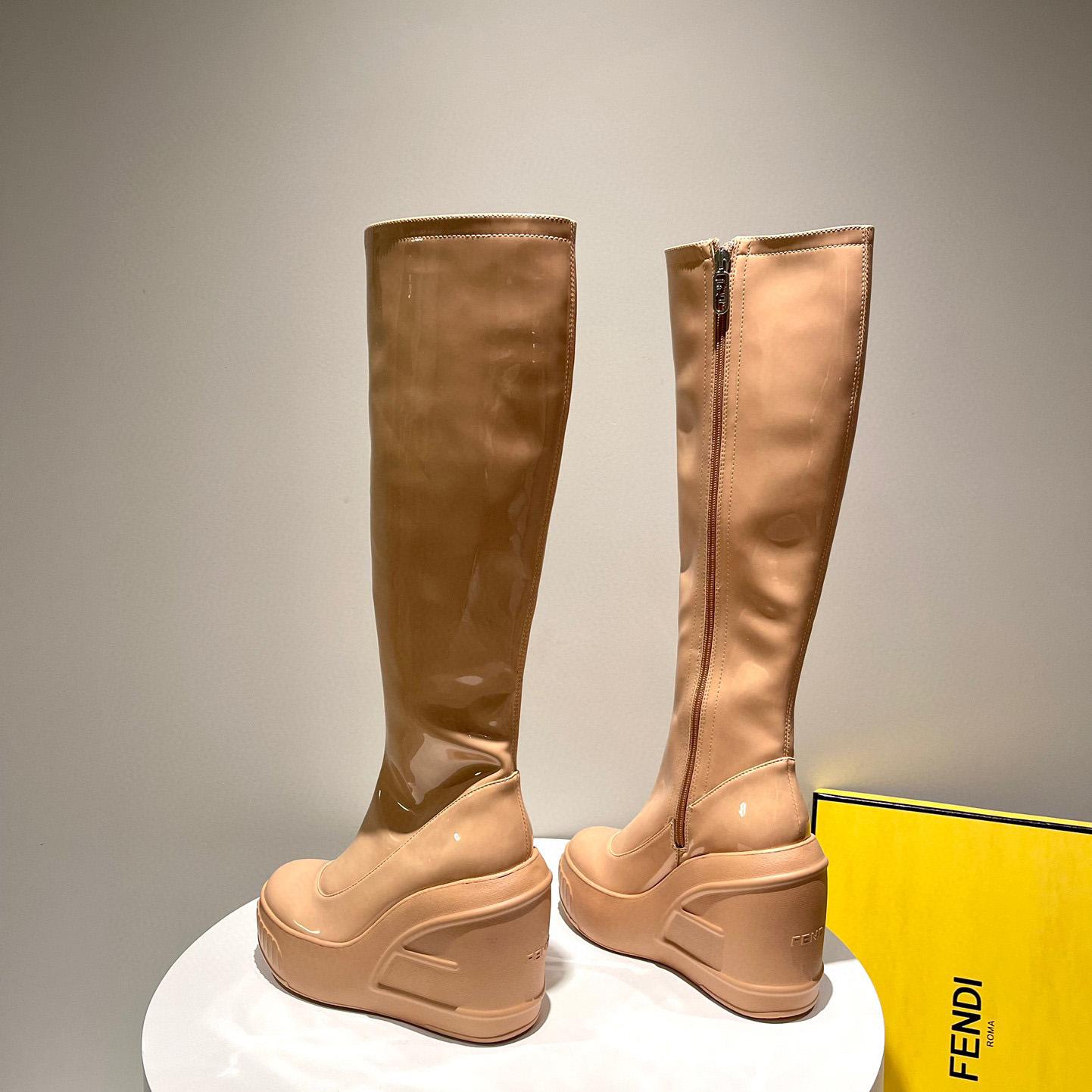 Fendi Fashion Show Beige Patent Leather Boots - FashionPlug