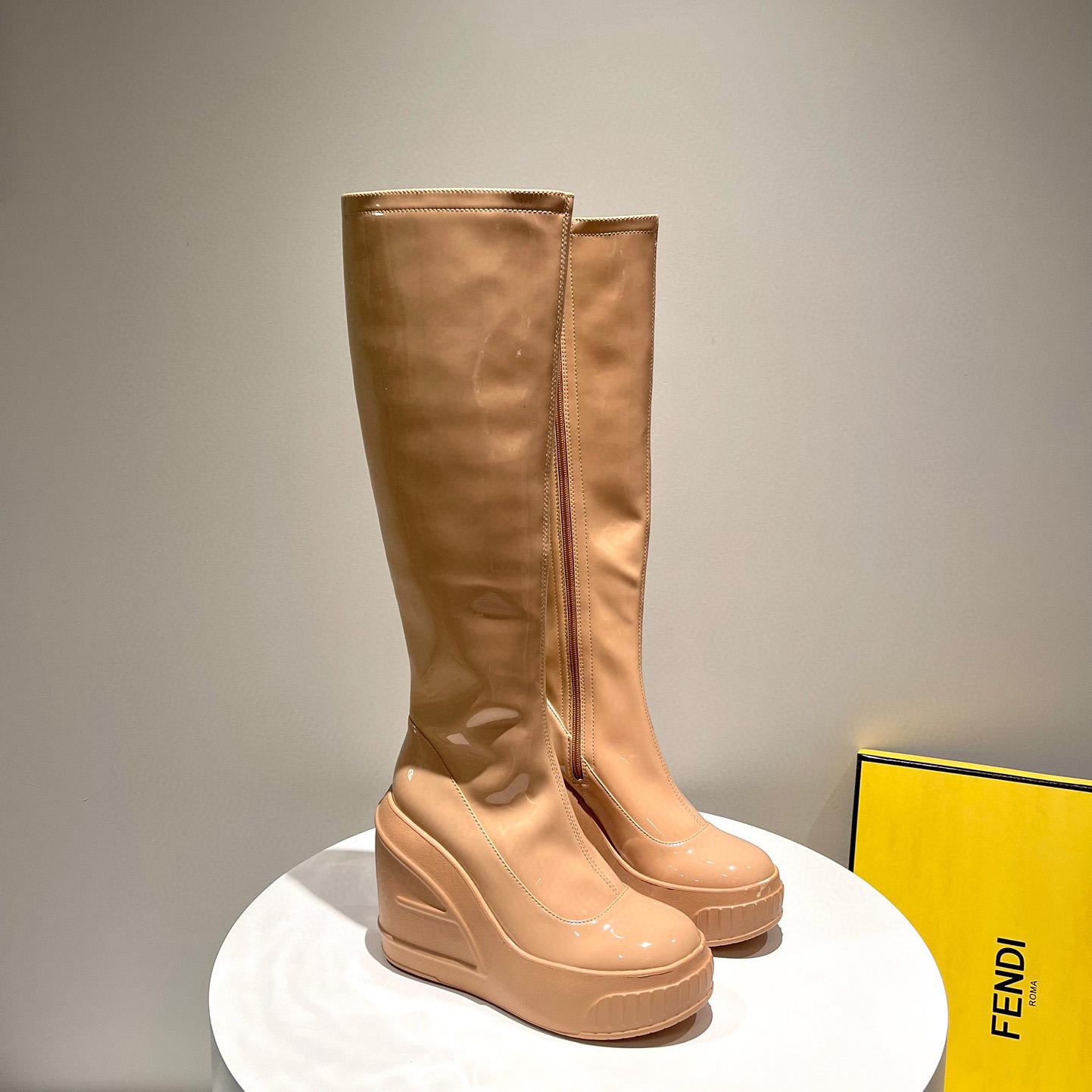 Fendi Fashion Show Beige Patent Leather Boots - FashionPlug