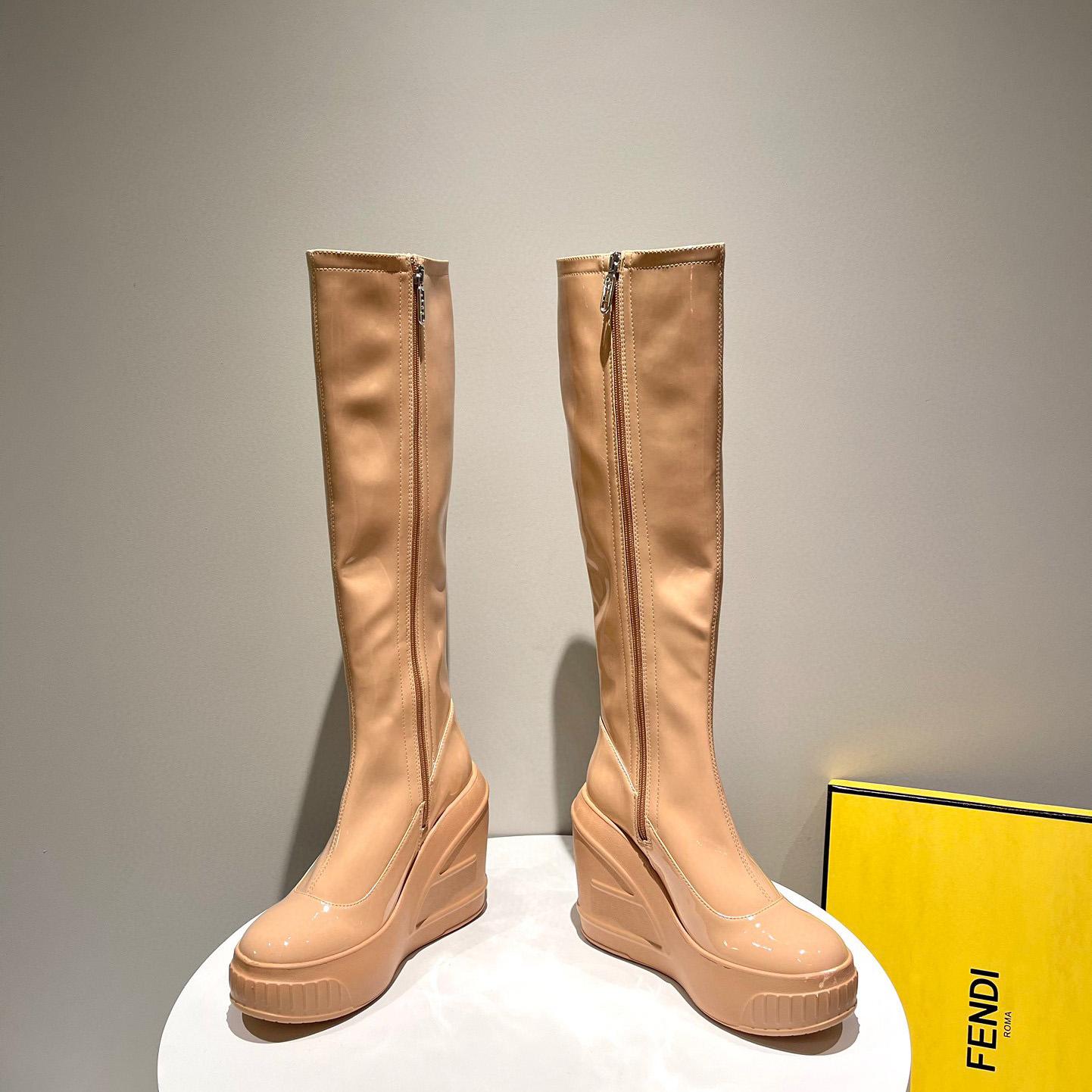 Fendi Fashion Show Beige Patent Leather Boots - FashionPlug