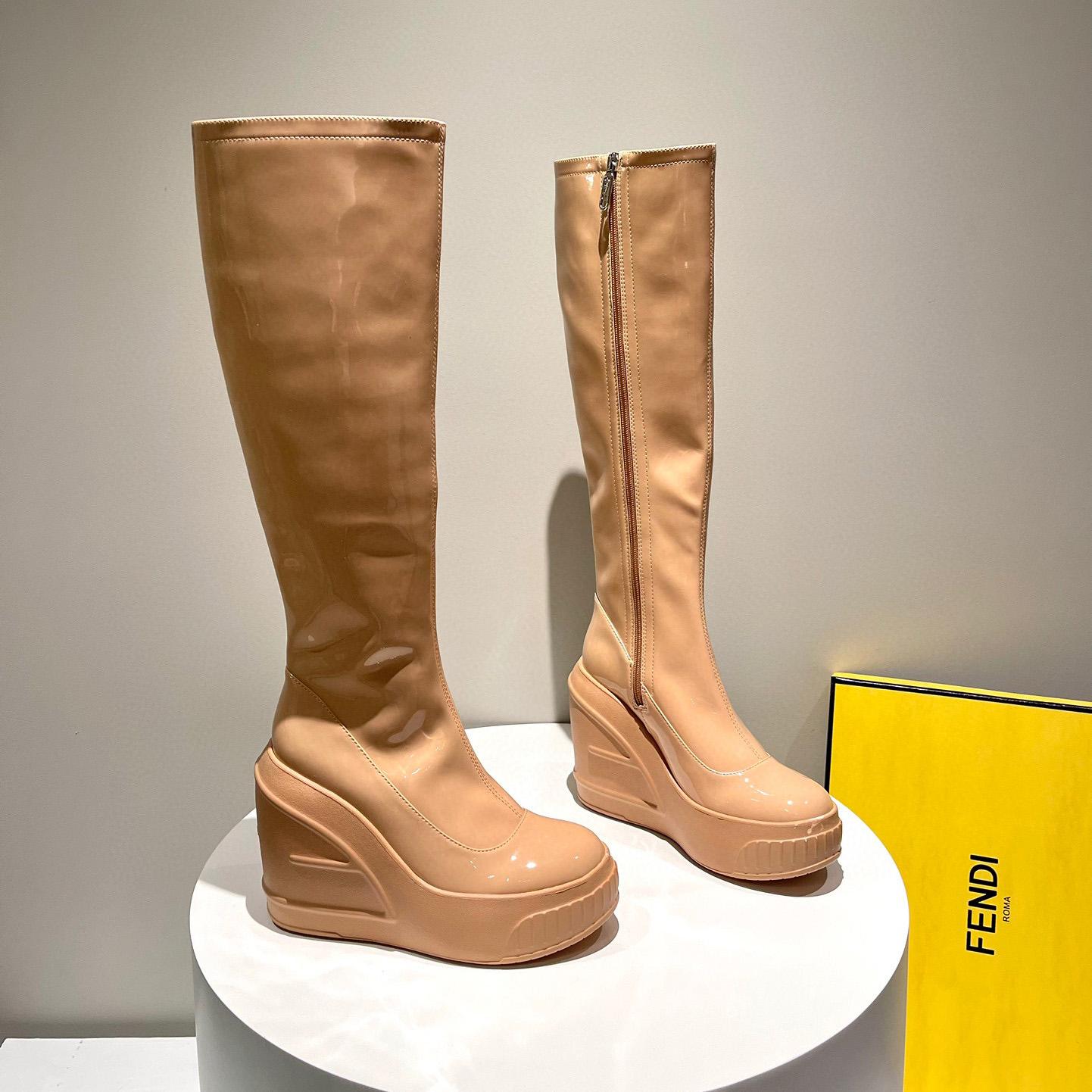 Fendi Fashion Show Beige Patent Leather Boots - FashionPlug