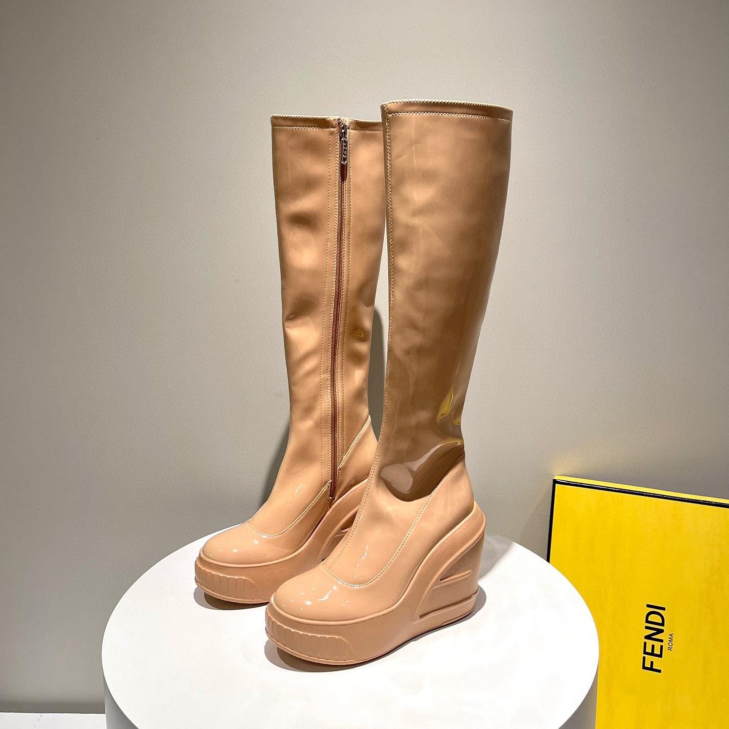 Fendi Fashion Show Beige Patent Leather Boots - FashionPlug