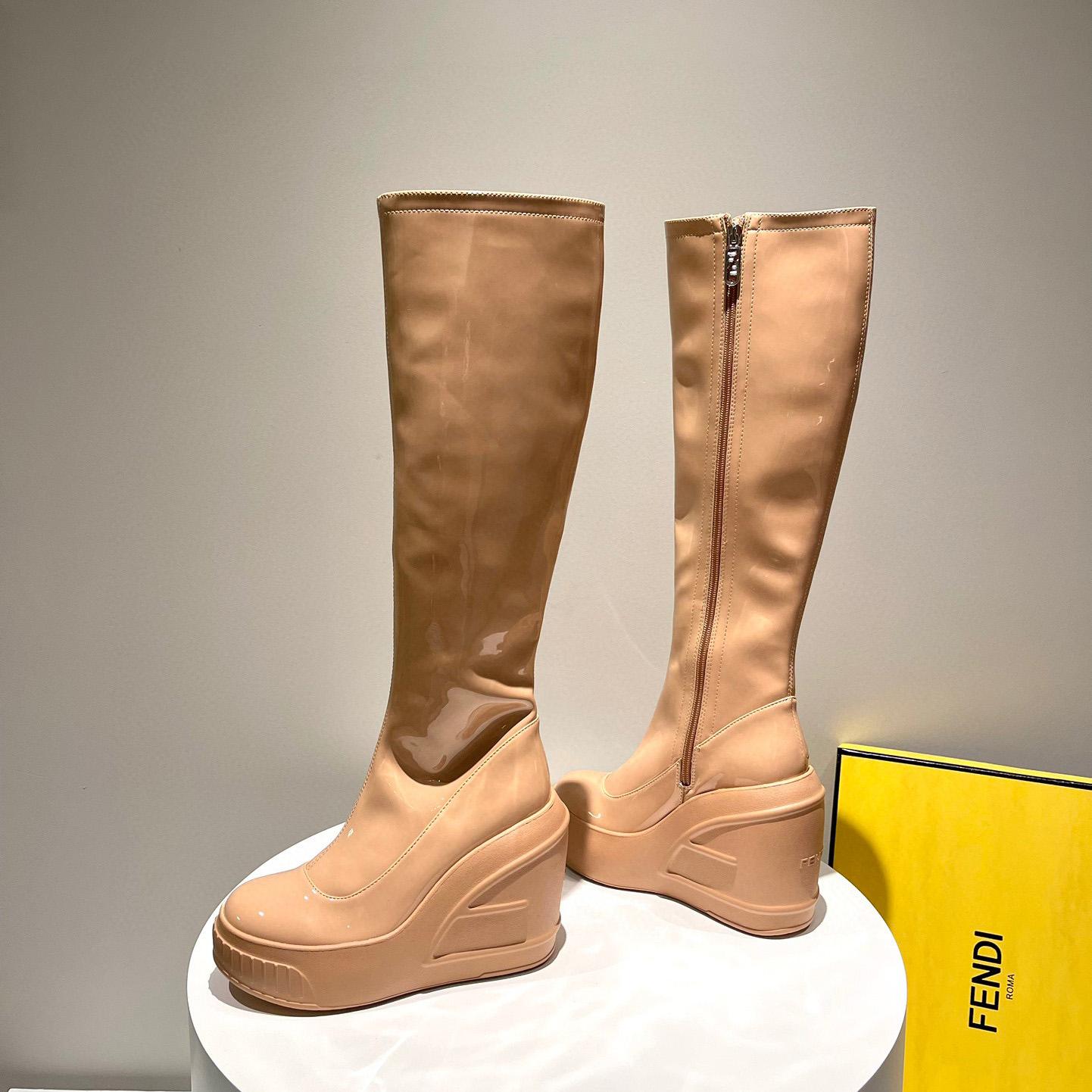 Fendi Fashion Show Beige Patent Leather Boots - FashionPlug