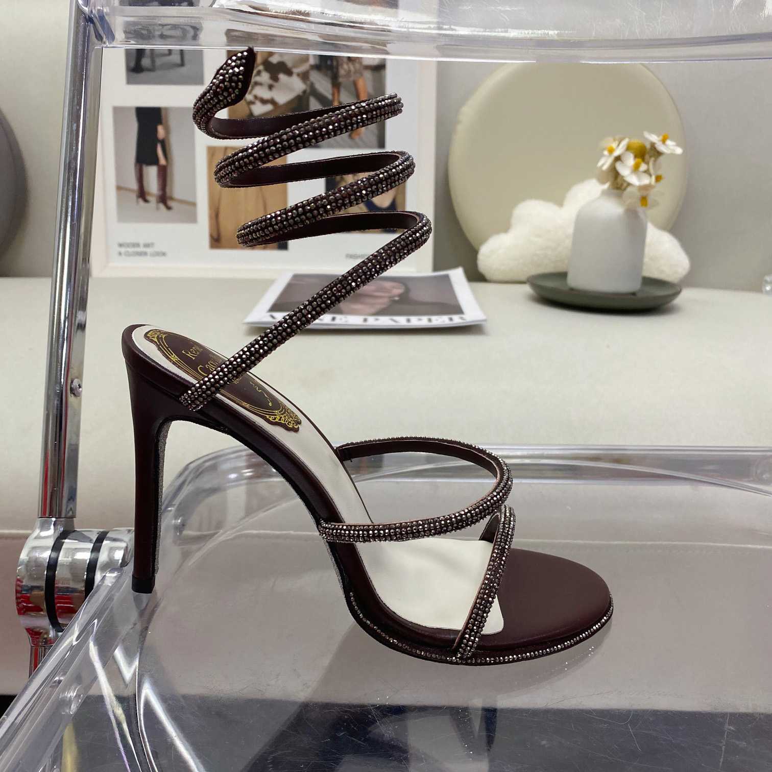 Rene Caovilla Cleo Crystal Coffee Sandal - FashionPlug