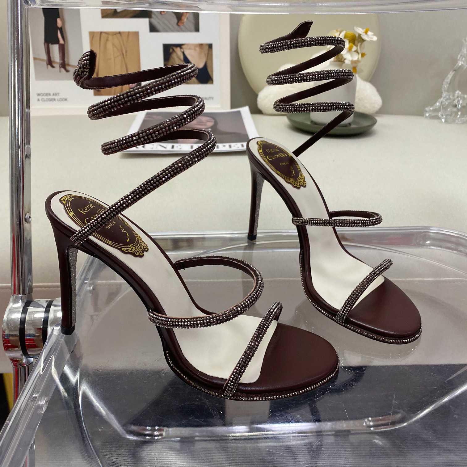 Rene Caovilla Cleo Crystal Coffee Sandal - FashionPlug